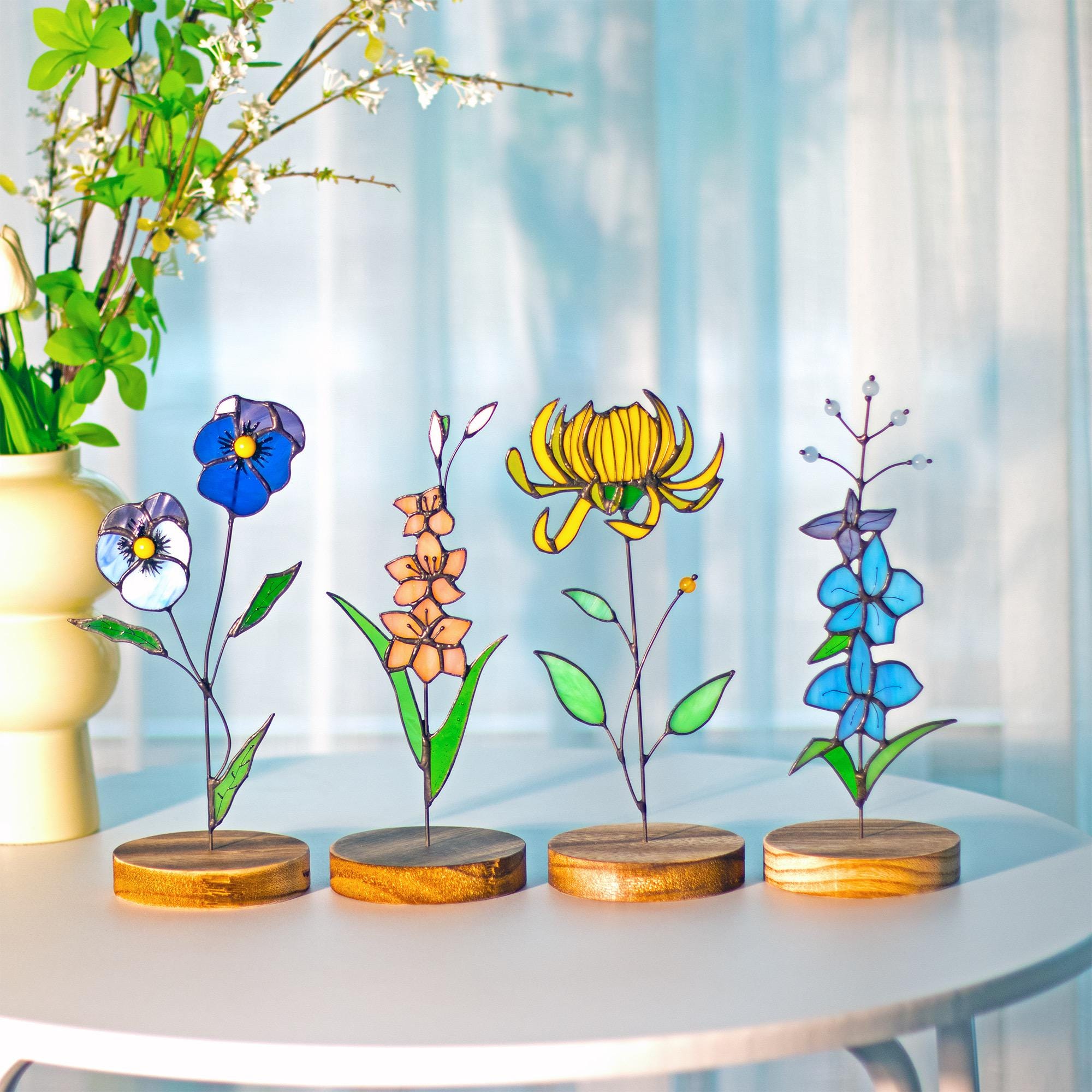 RainLine Custom Birth Flower Stained Glass Suncatcher with Wooden Base