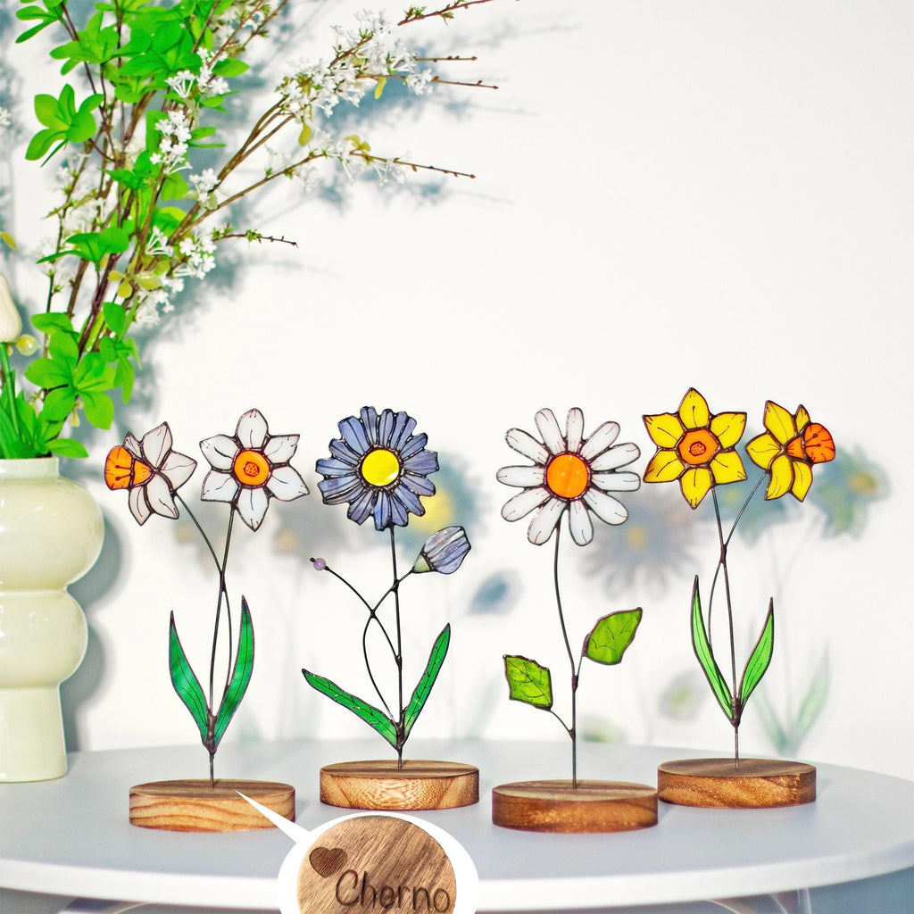 RainLine Custom Birth Flower Stained Glass Suncatcher with Wooden Base