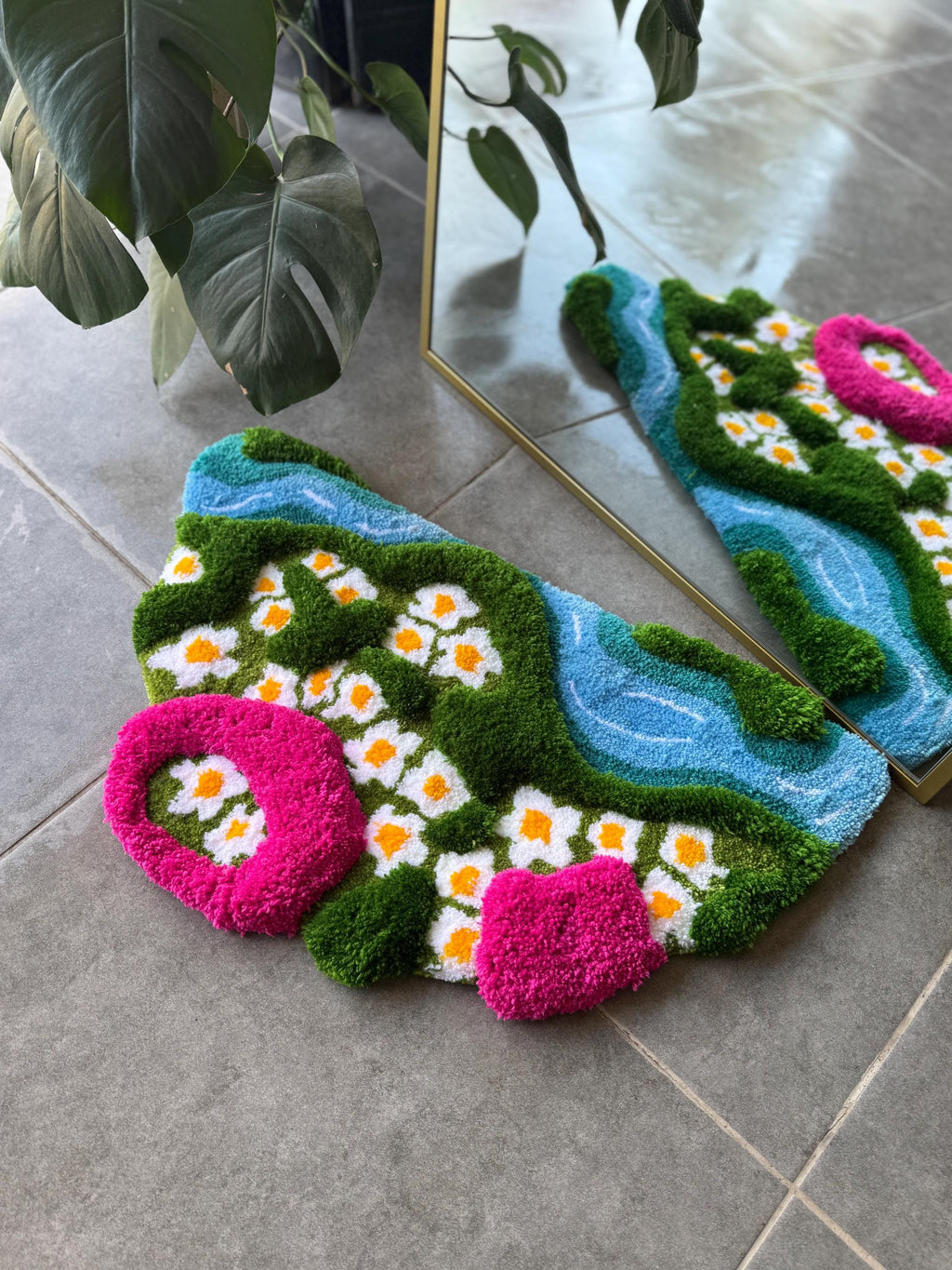 OrnnWorks 3D Daisy in Grass Pink & Green Handmade Tufted Rug