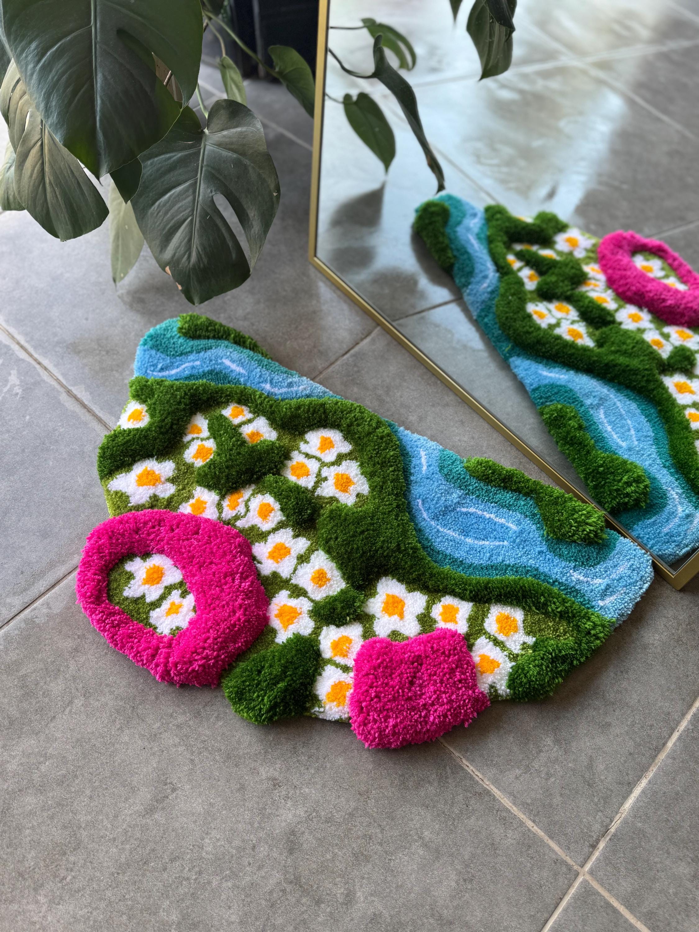 OrnnWorks 3D Daisy in Grass Pink & Green Handmade Tufted Rug