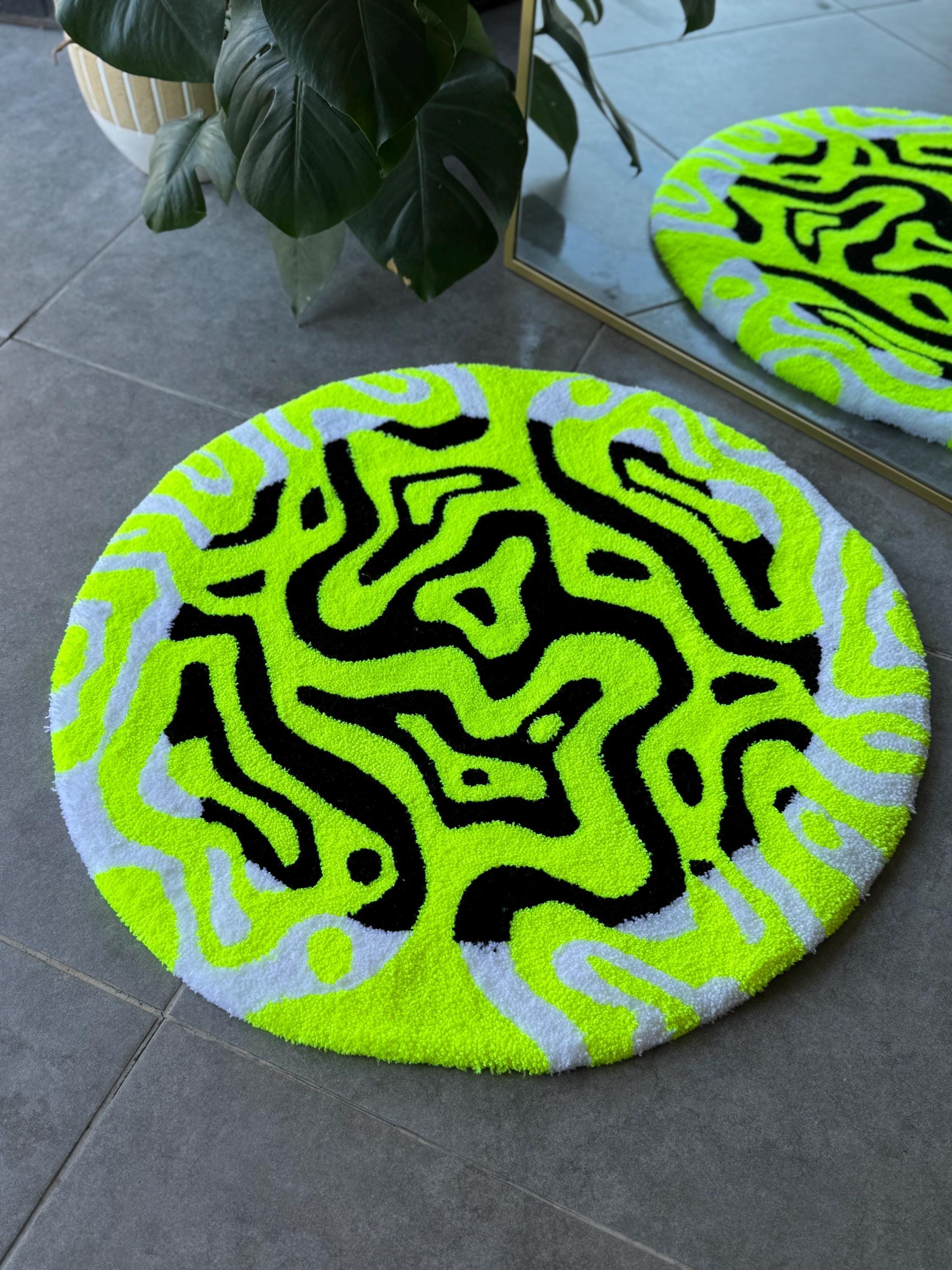 OrnnWorks Neon Energy Round Tufted Rug Handmade Abstract Fluffy Carpet