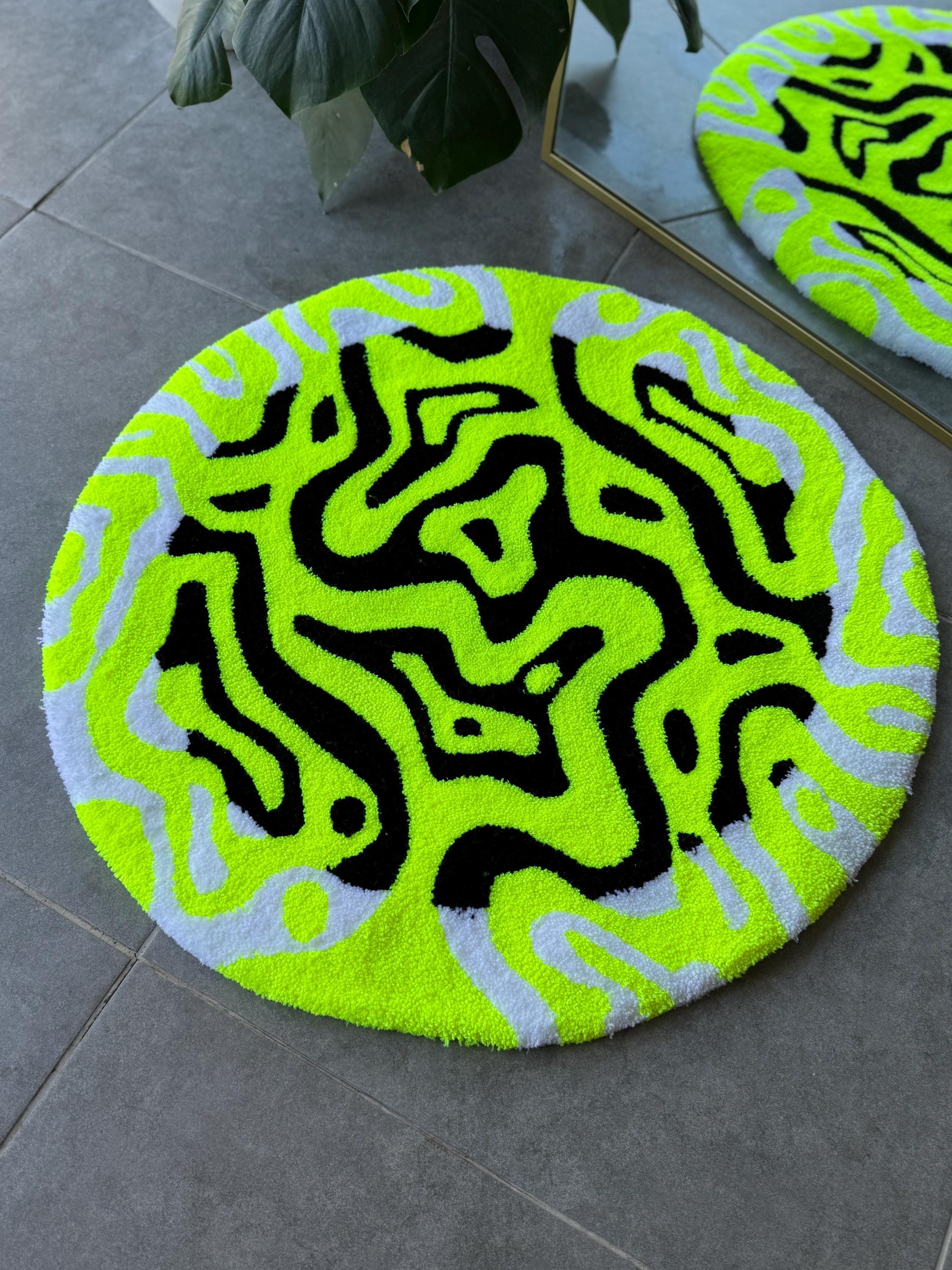 OrnnWorks Neon Energy Round Tufted Rug Handmade Abstract Fluffy Carpet
