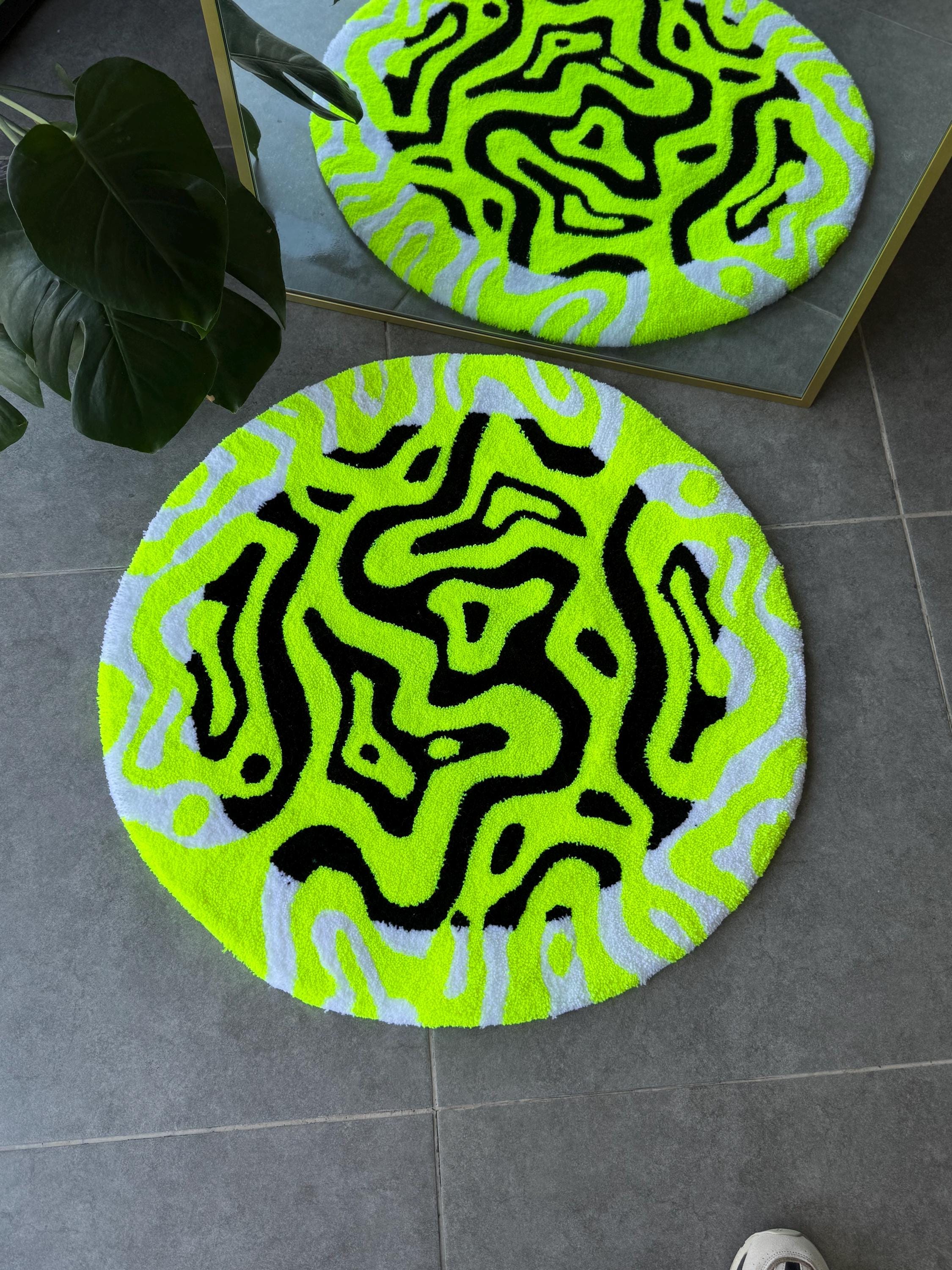 OrnnWorks Neon Energy Round Tufted Rug Handmade Abstract Fluffy Carpet