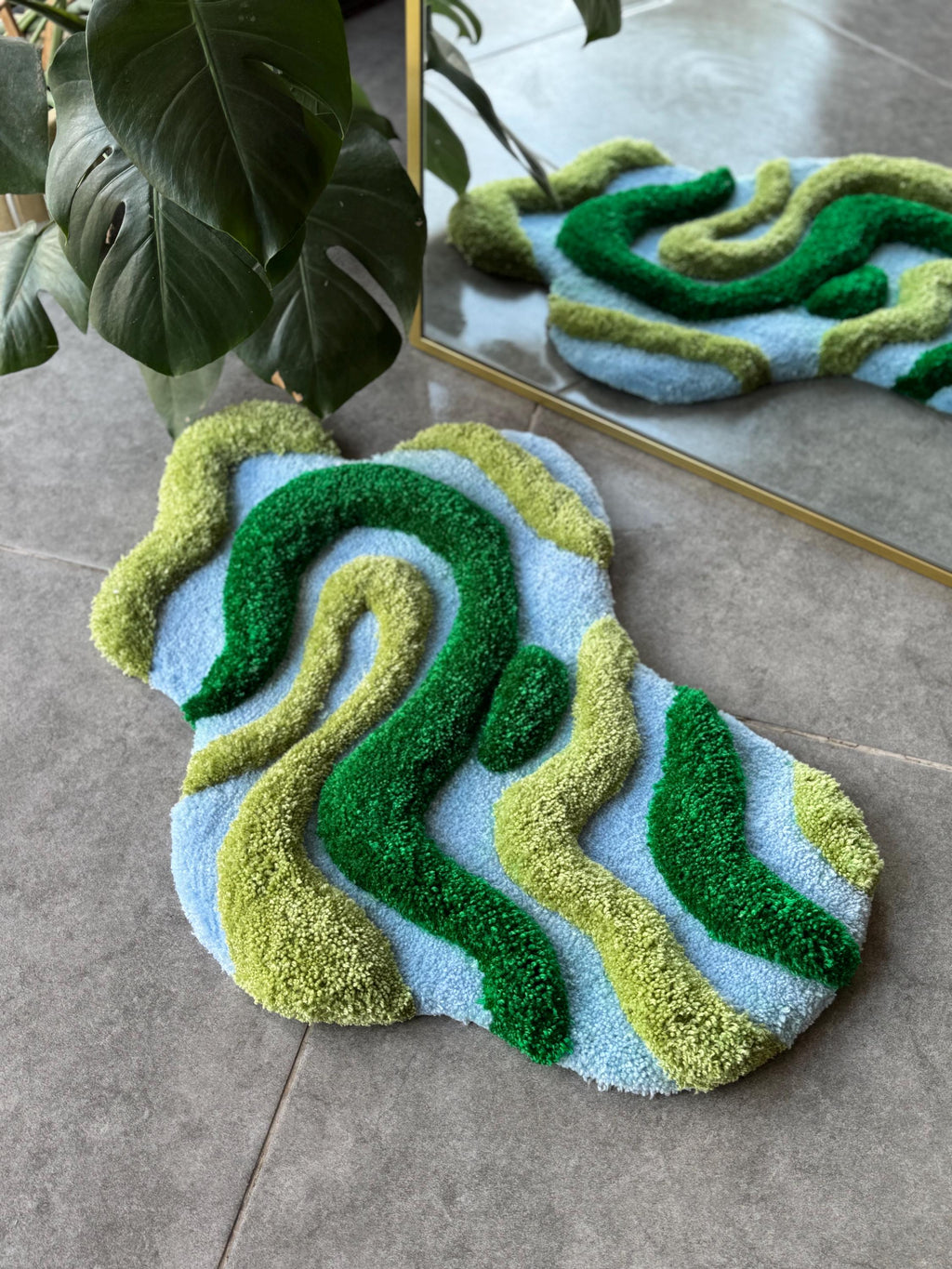 OrnnWorks 3D Green & Blue Textured Handmade Tufted Rug