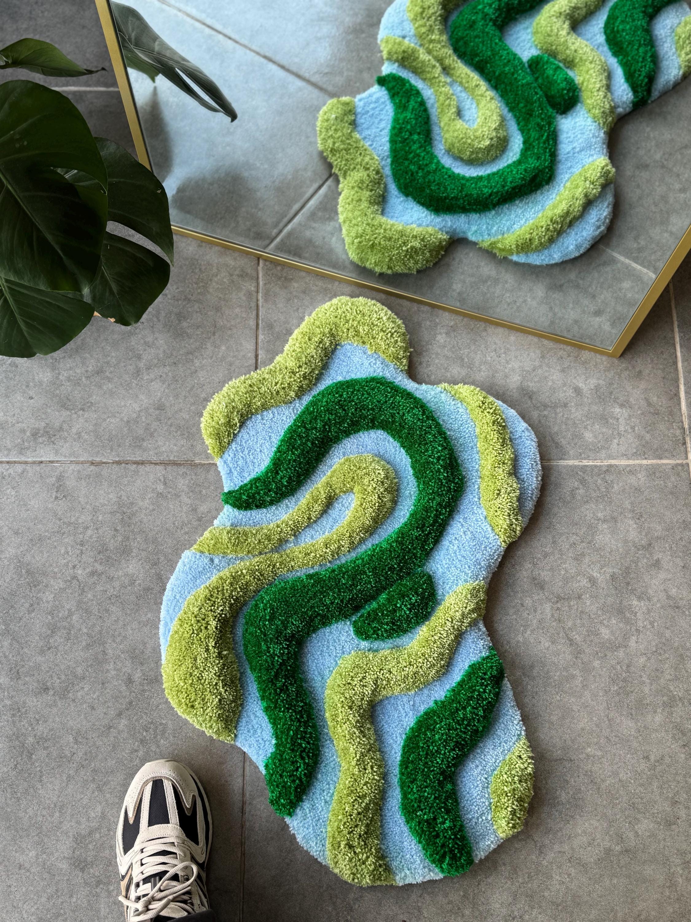 OrnnWorks 3D Green & Blue Textured Handmade Tufted Rug