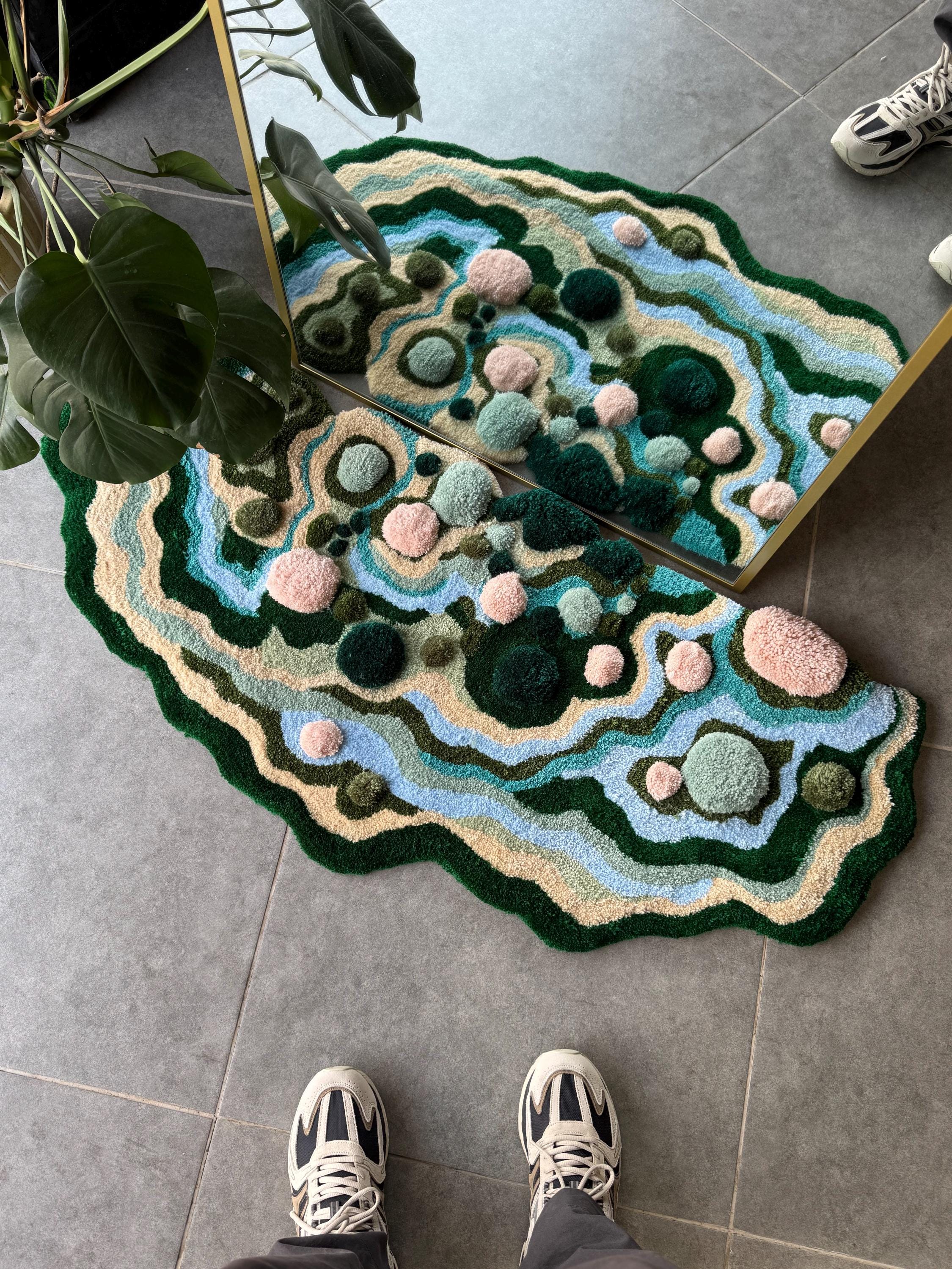 OrnnWorks Pastel Handmade Tufted Rug Blue Pink Green Floor Art