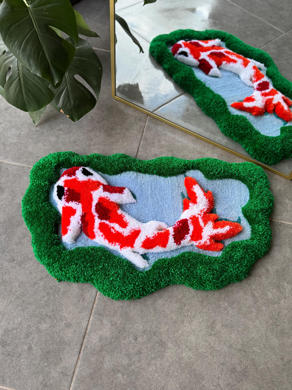 OrnnWorks 3D Koi Fish Handmade Tufted Rug Greenery Floor Art