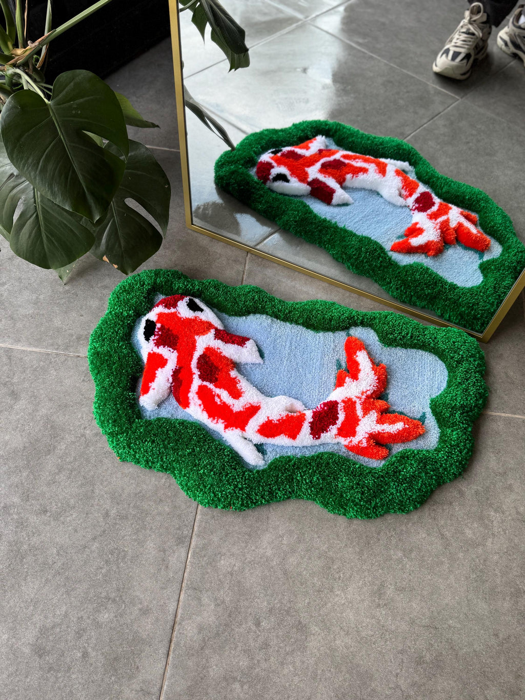 OrnnWorks 3D Koi Fish Handmade Tufted Rug Greenery Floor Art