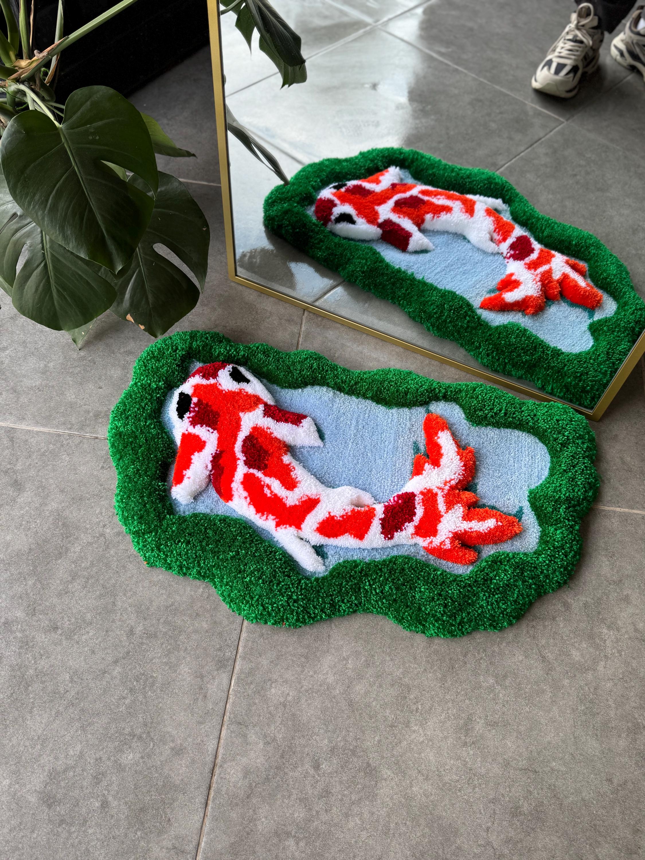 OrnnWorks 3D Koi Fish Handmade Tufted Rug Greenery Floor Art