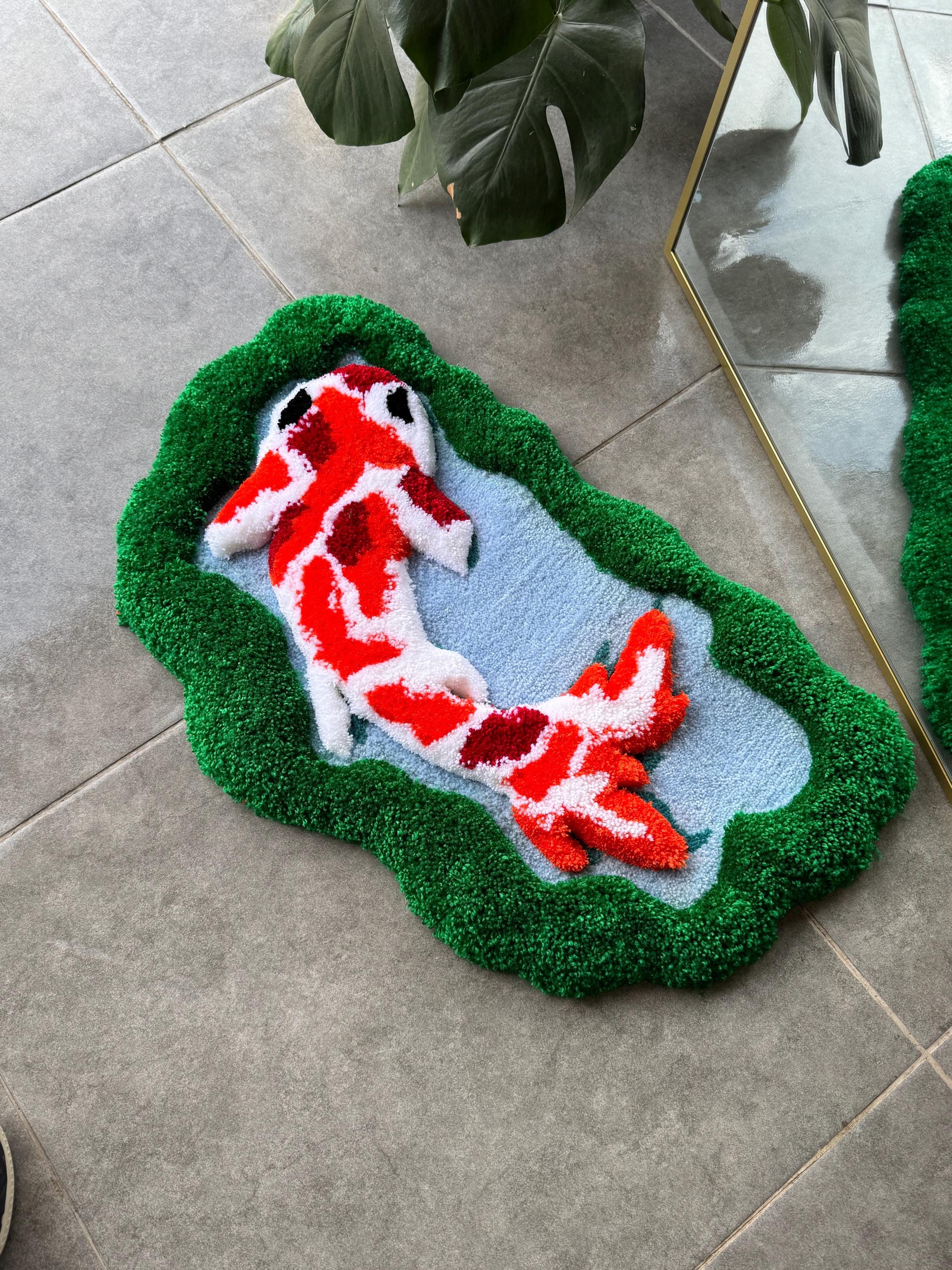 OrnnWorks 3D Koi Fish Handmade Tufted Rug Greenery Floor Art