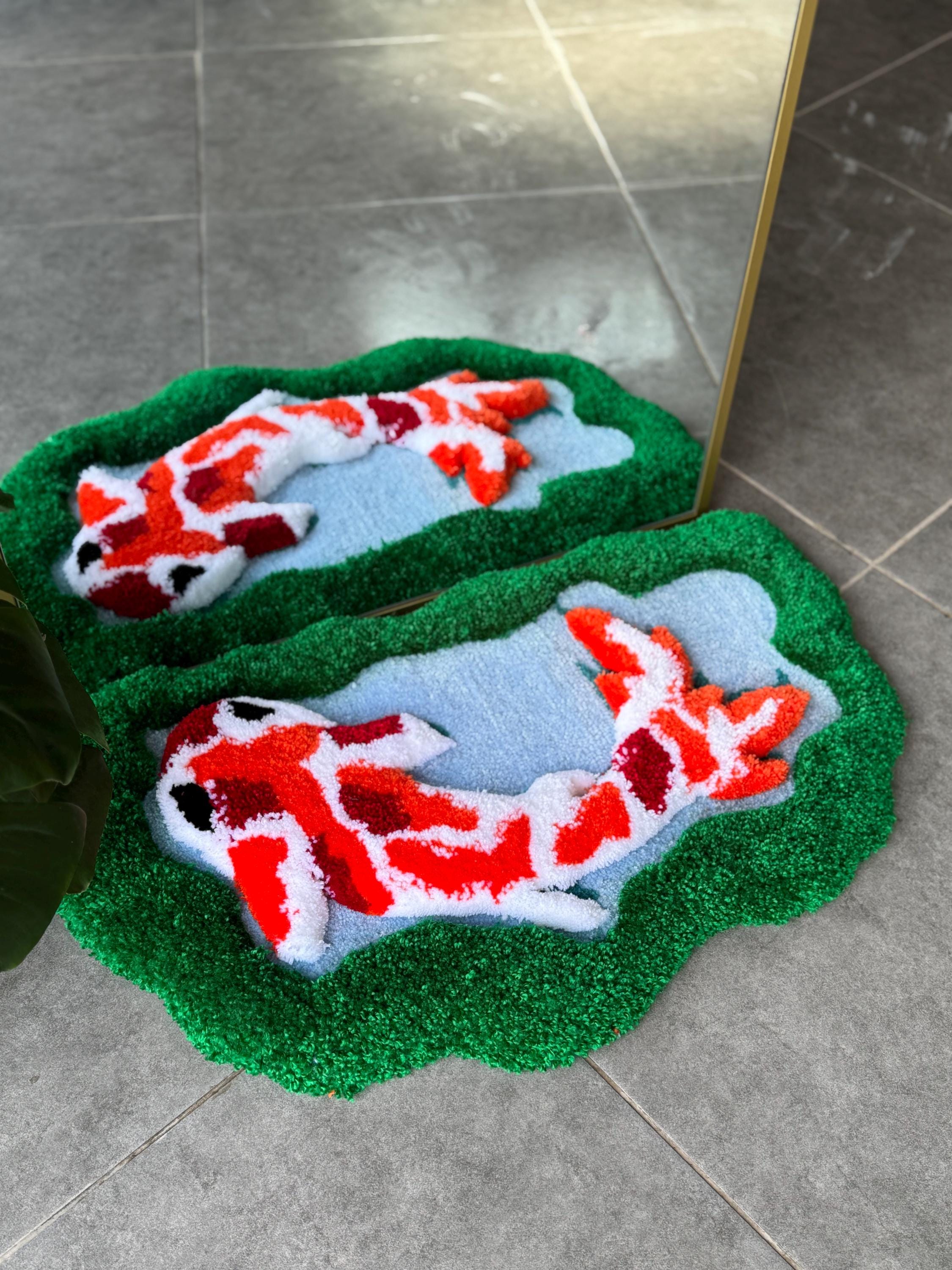 OrnnWorks 3D Koi Fish Handmade Tufted Rug Greenery Floor Art