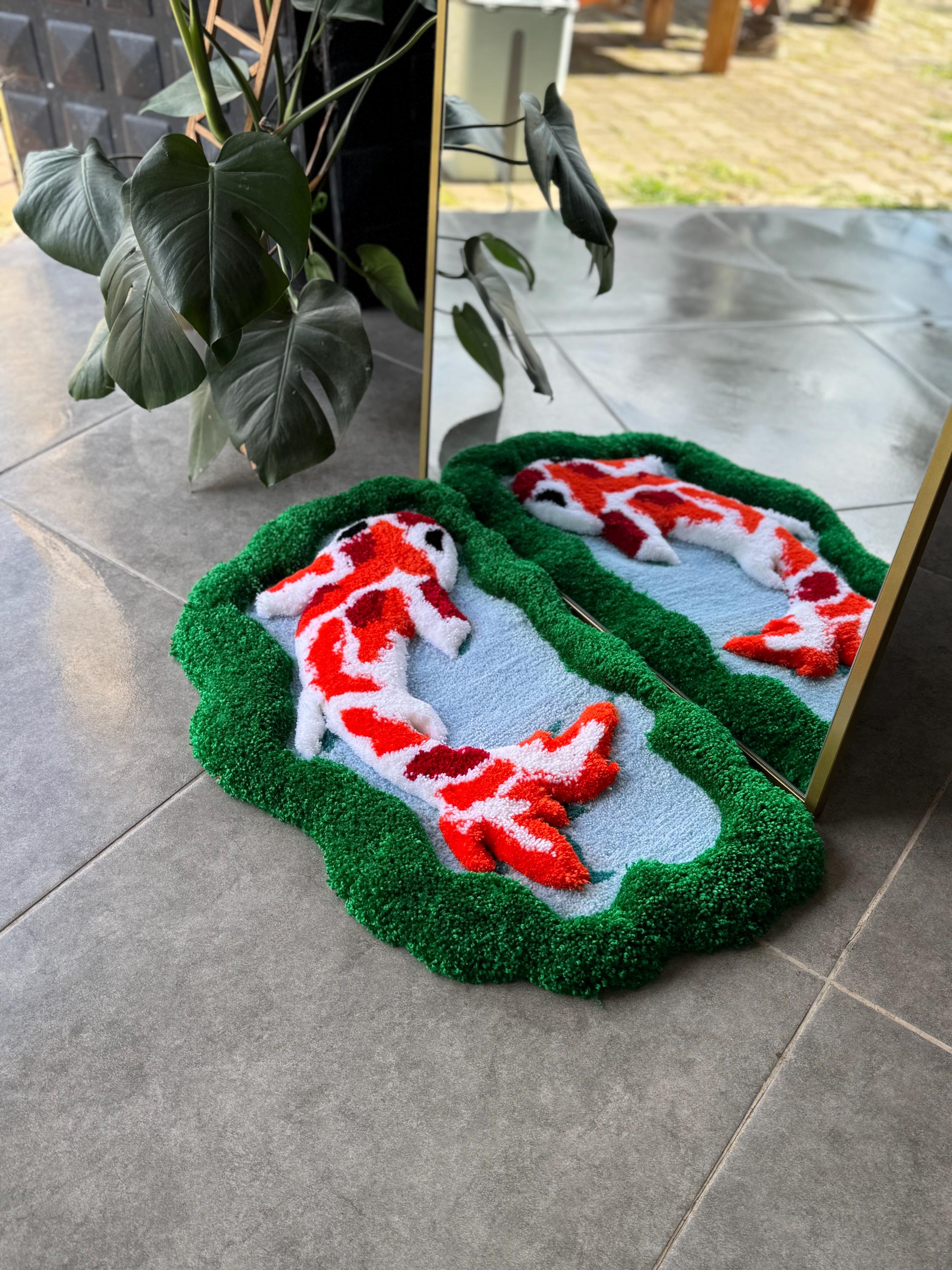 OrnnWorks 3D Koi Fish Handmade Tufted Rug Greenery Floor Art