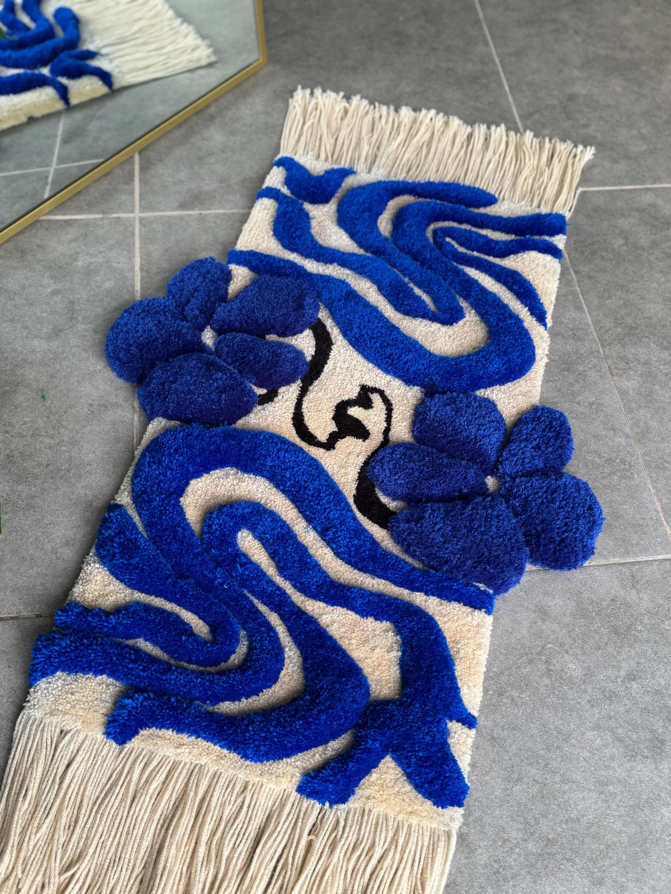 OrnnWorks 3D Floral Tufted Rug Navy And Beige