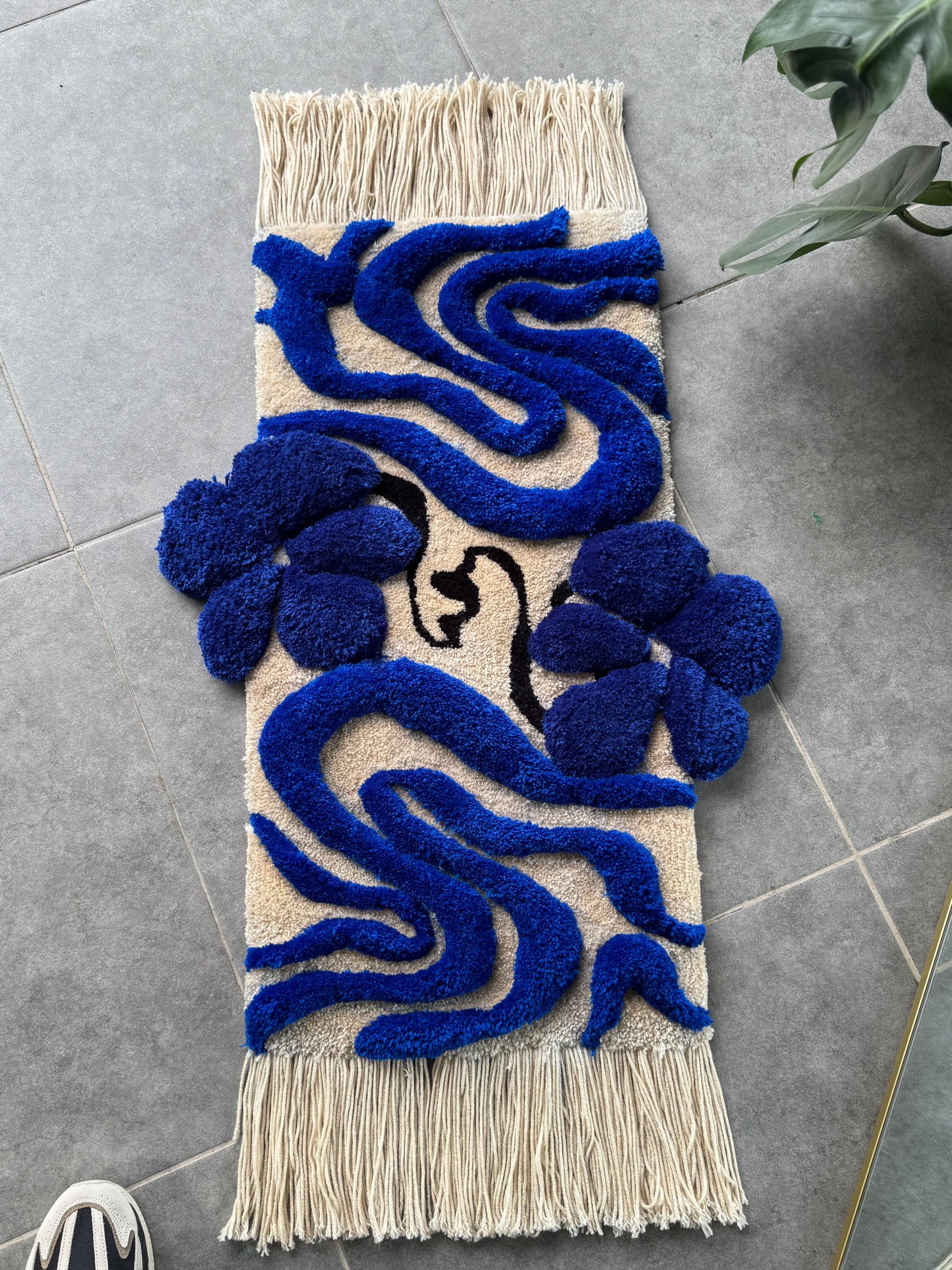 OrnnWorks 3D Floral Tufted Rug Navy And Beige