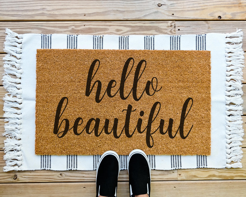 HamlinRowShop Hello Beautiful Coir Doormat Natural Fiber Welcome Mat