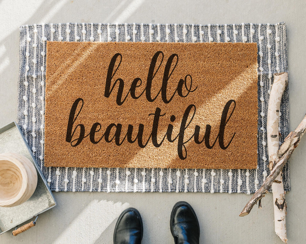 HamlinRowShop Hello Beautiful Coir Doormat Natural Fiber Welcome Mat