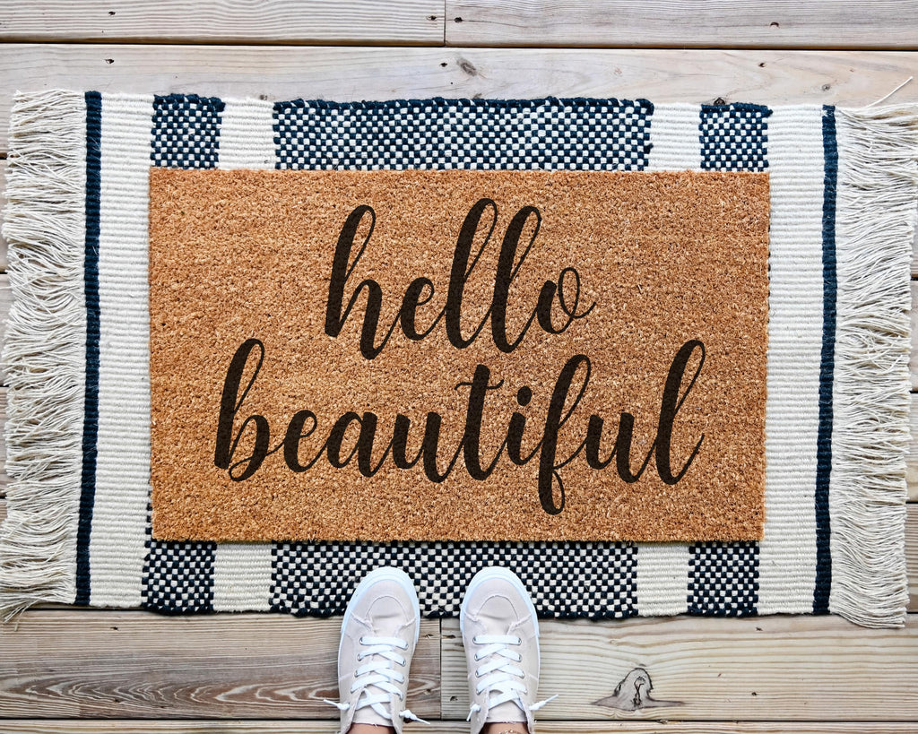 HamlinRowShop Hello Beautiful Coir Doormat Natural Fiber Welcome Mat
