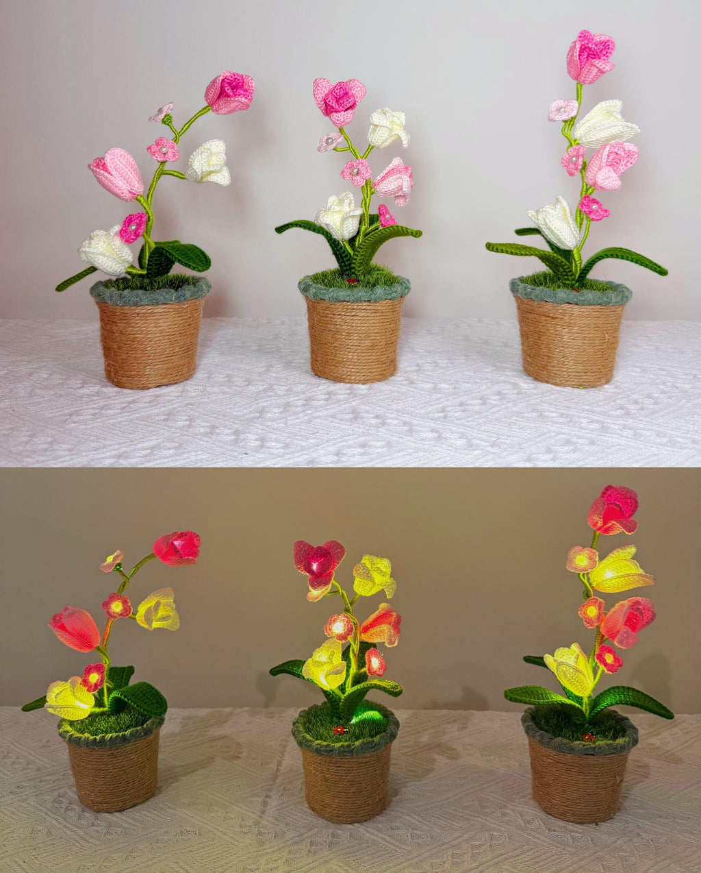 CrochetRecipe Handmade Lily of the Valley Potted Plant LED Lamp 8in White