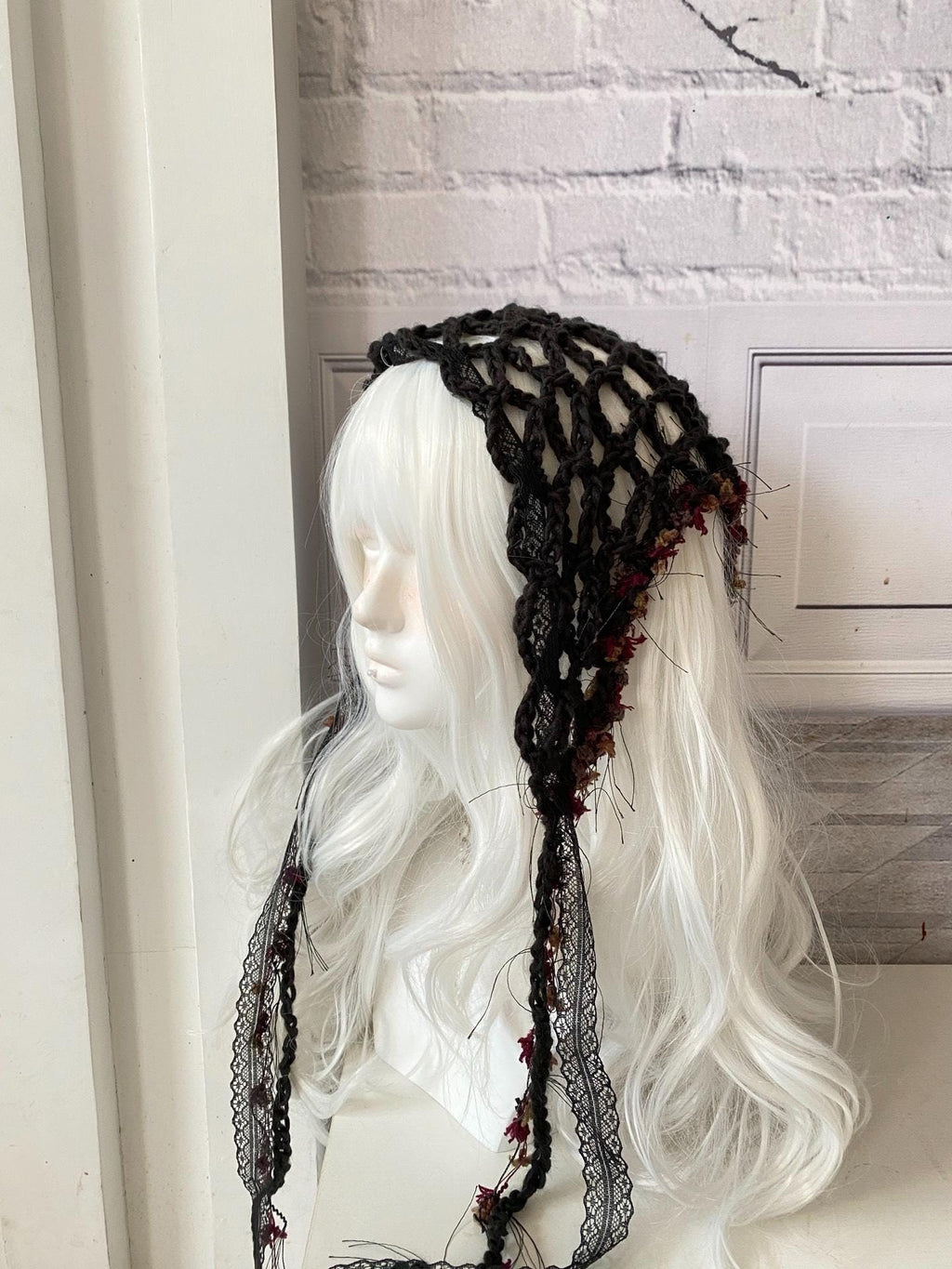 Y2K Black Crochet Triangle Headscarf Gothic Boho Hair Wrap