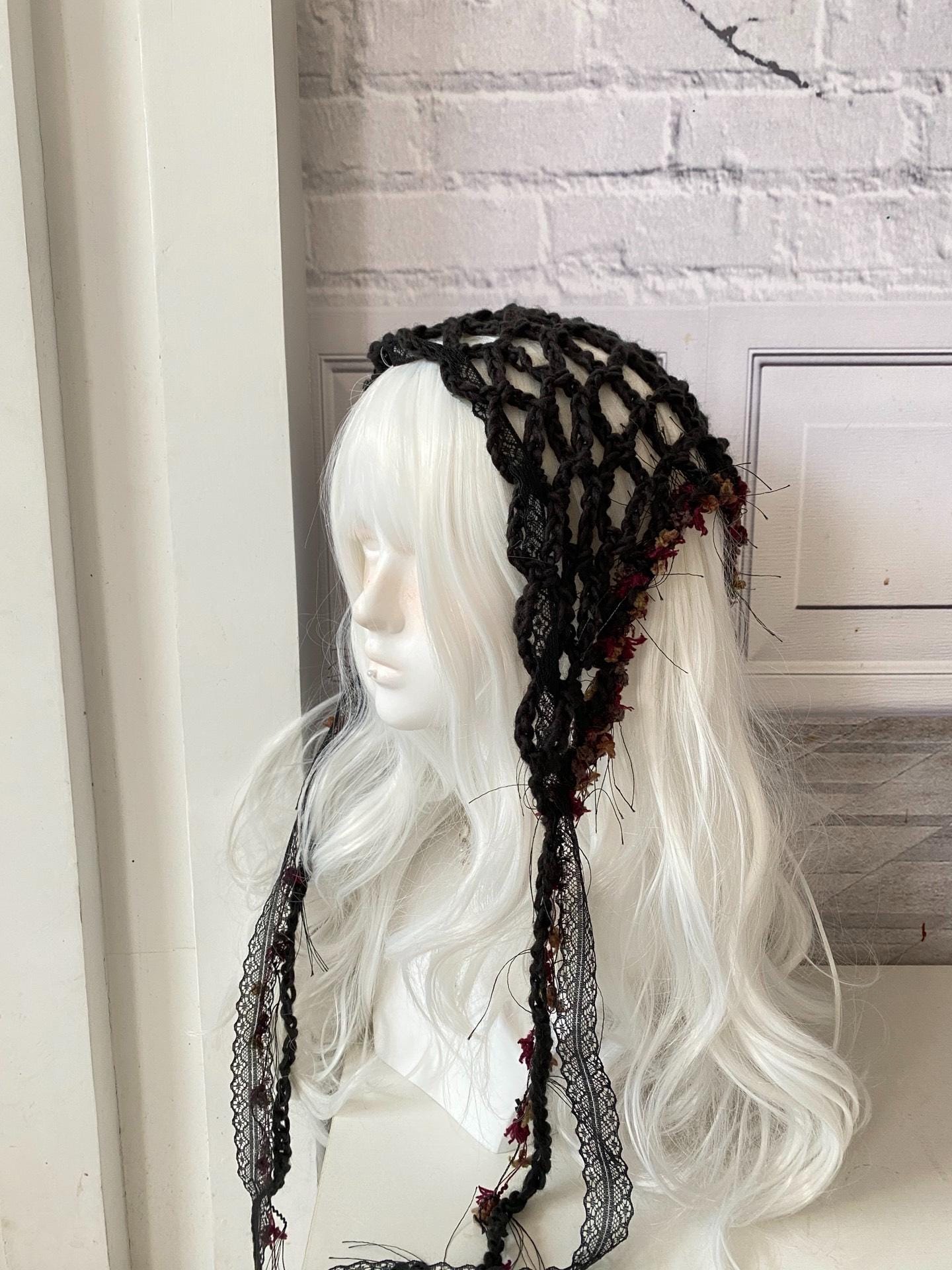 Y2K Black Crochet Triangle Headscarf Gothic Boho Hair Wrap