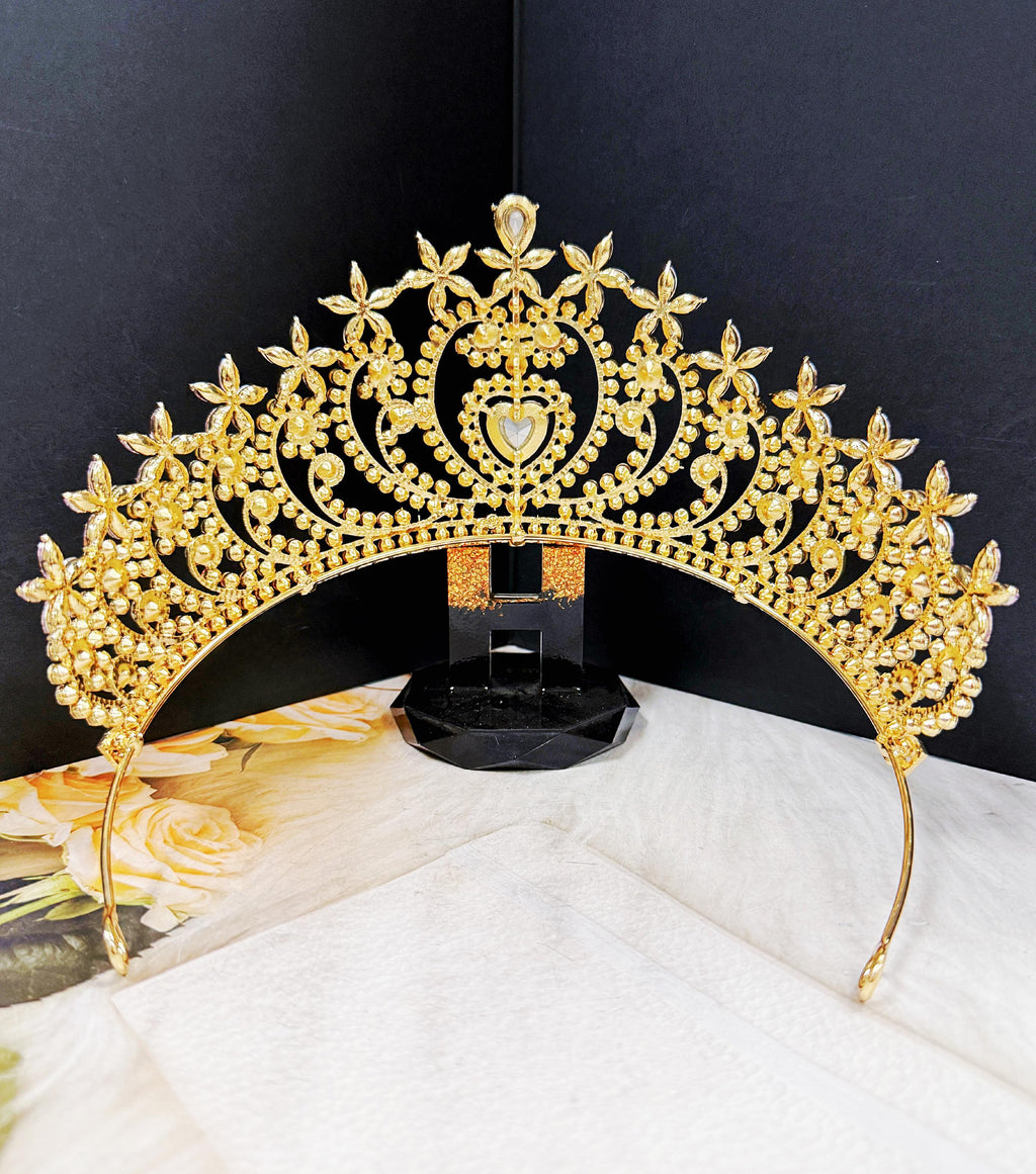 HappyJewelryWorld Crystal Heart Tiara Gold Bridal Headband