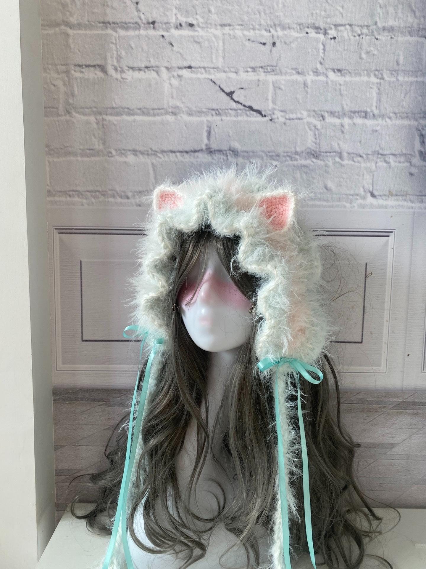 Handmade Mint Cat Ear Hood, Furry Lolita Cosplay Bonnet