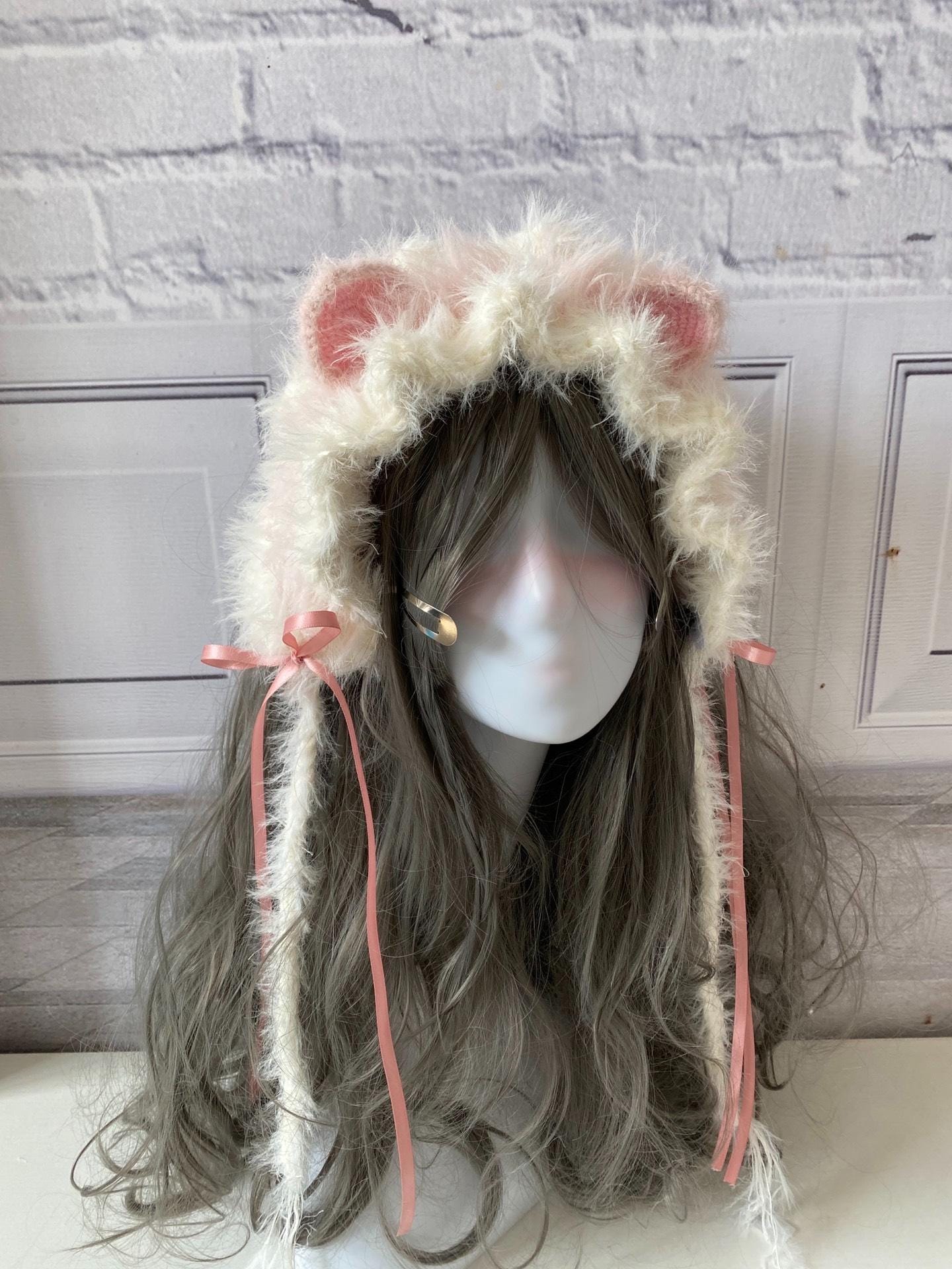 stellarPride Fluffy Pink Cat Ear Headband Handmade Knitted Cosplay