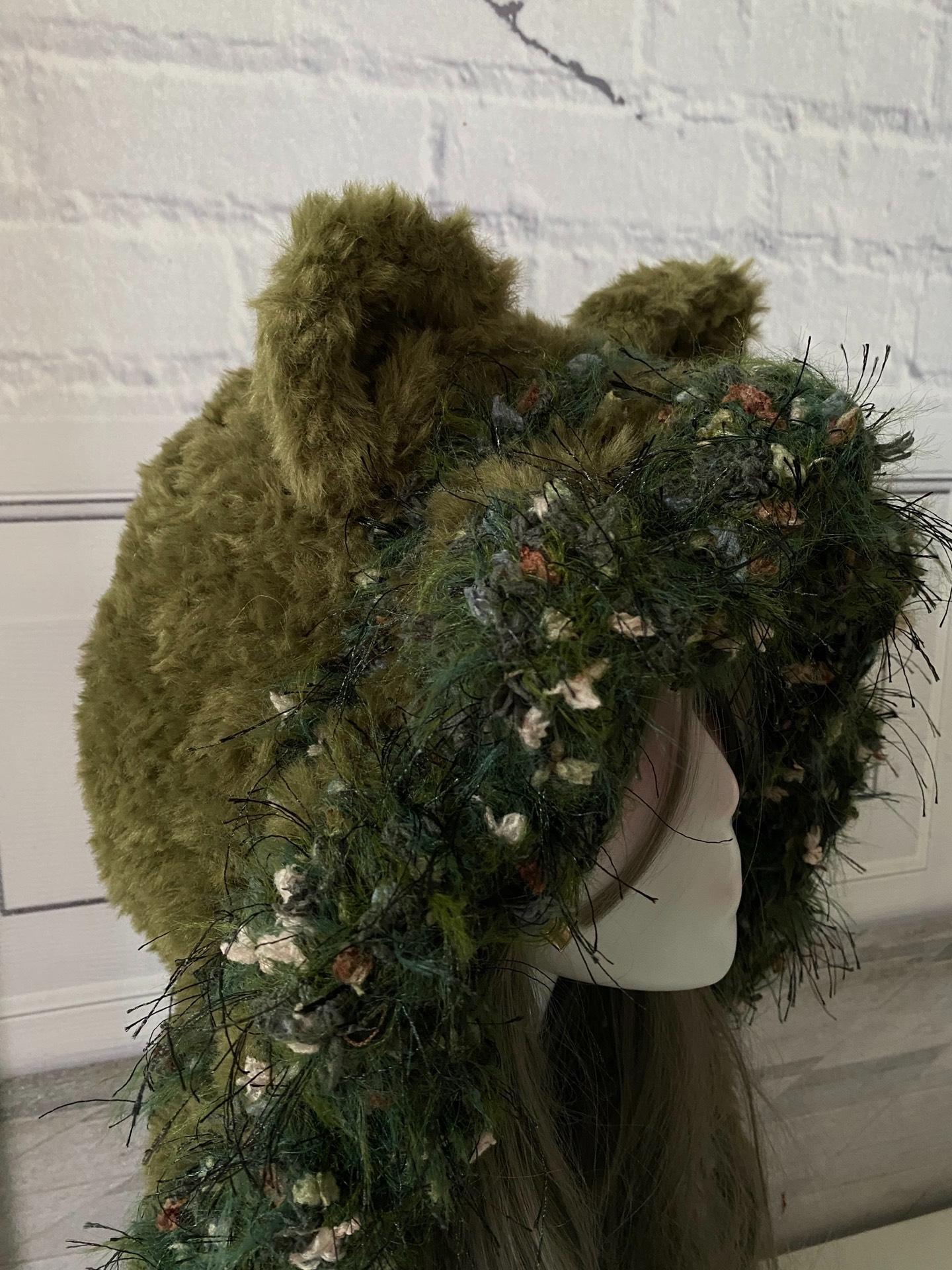 Handmade Moss Green Cat Ear Hood: Fuzzy Knit Fairycore Beanie