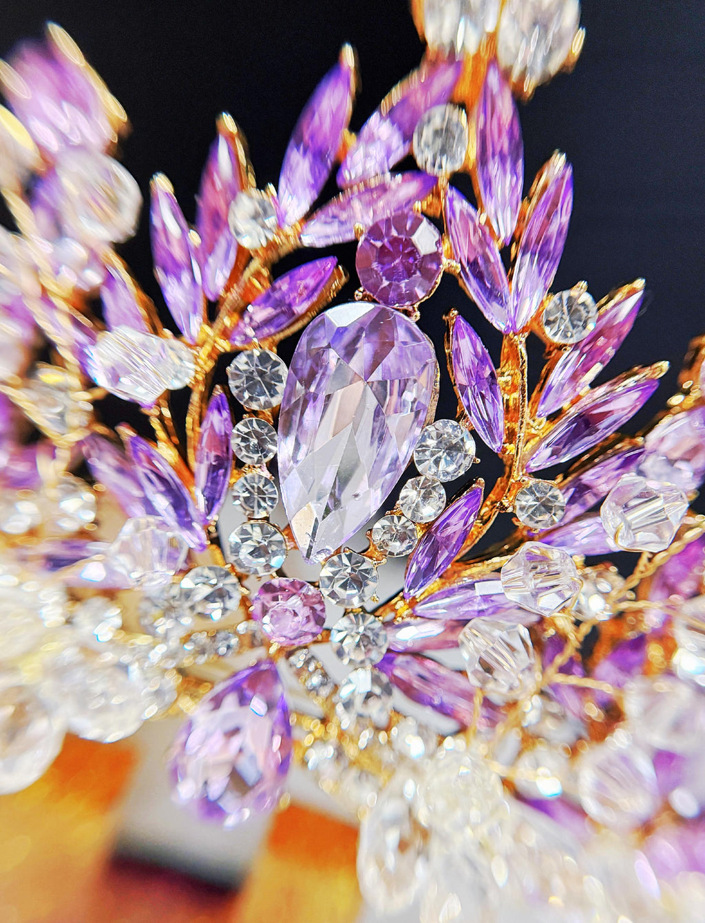 HappyJewelryWorld Purple Crystal Tiara Gold Crown Amethyst