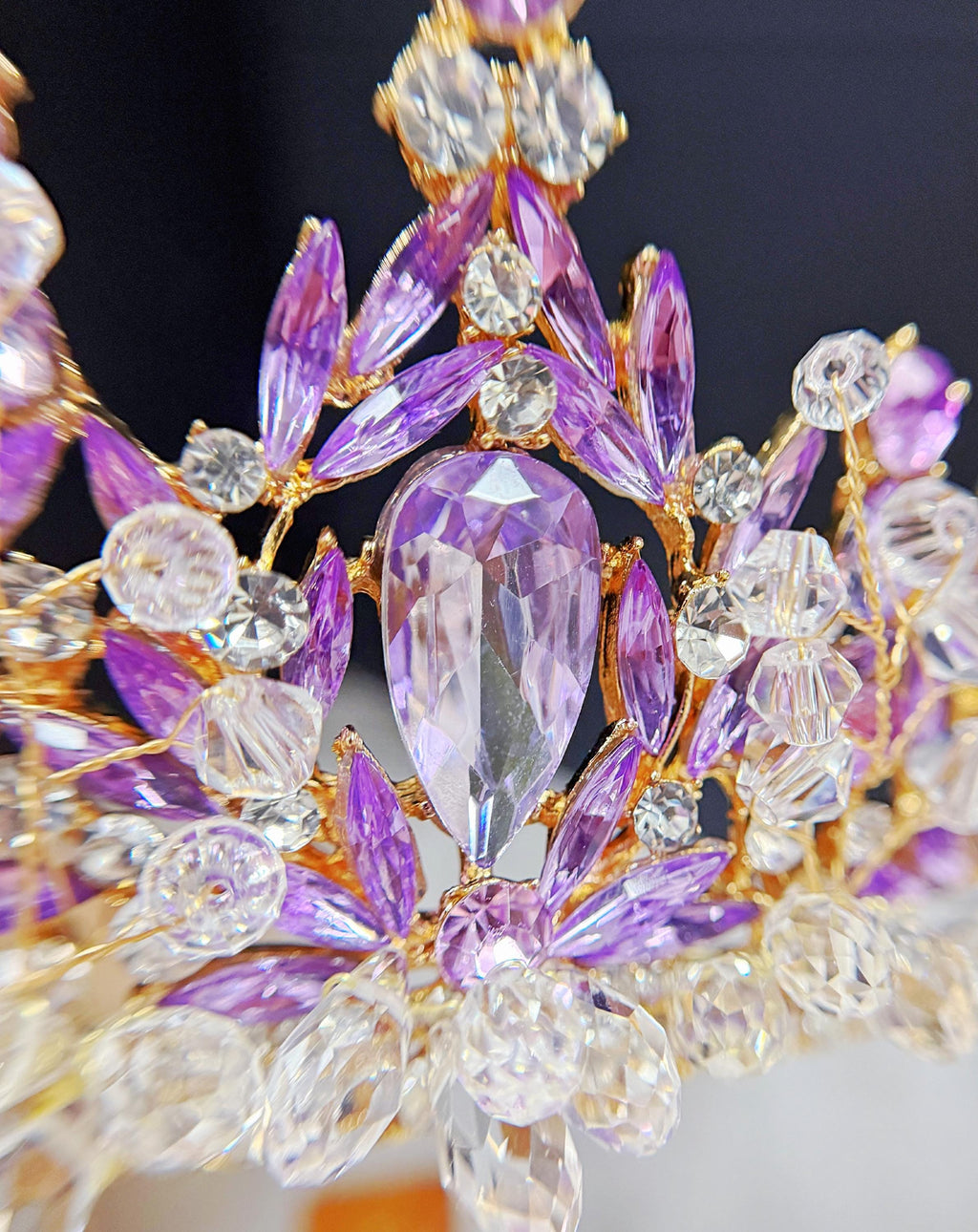 HappyJewelryWorld Purple Crystal Tiara Gold Crown Amethyst