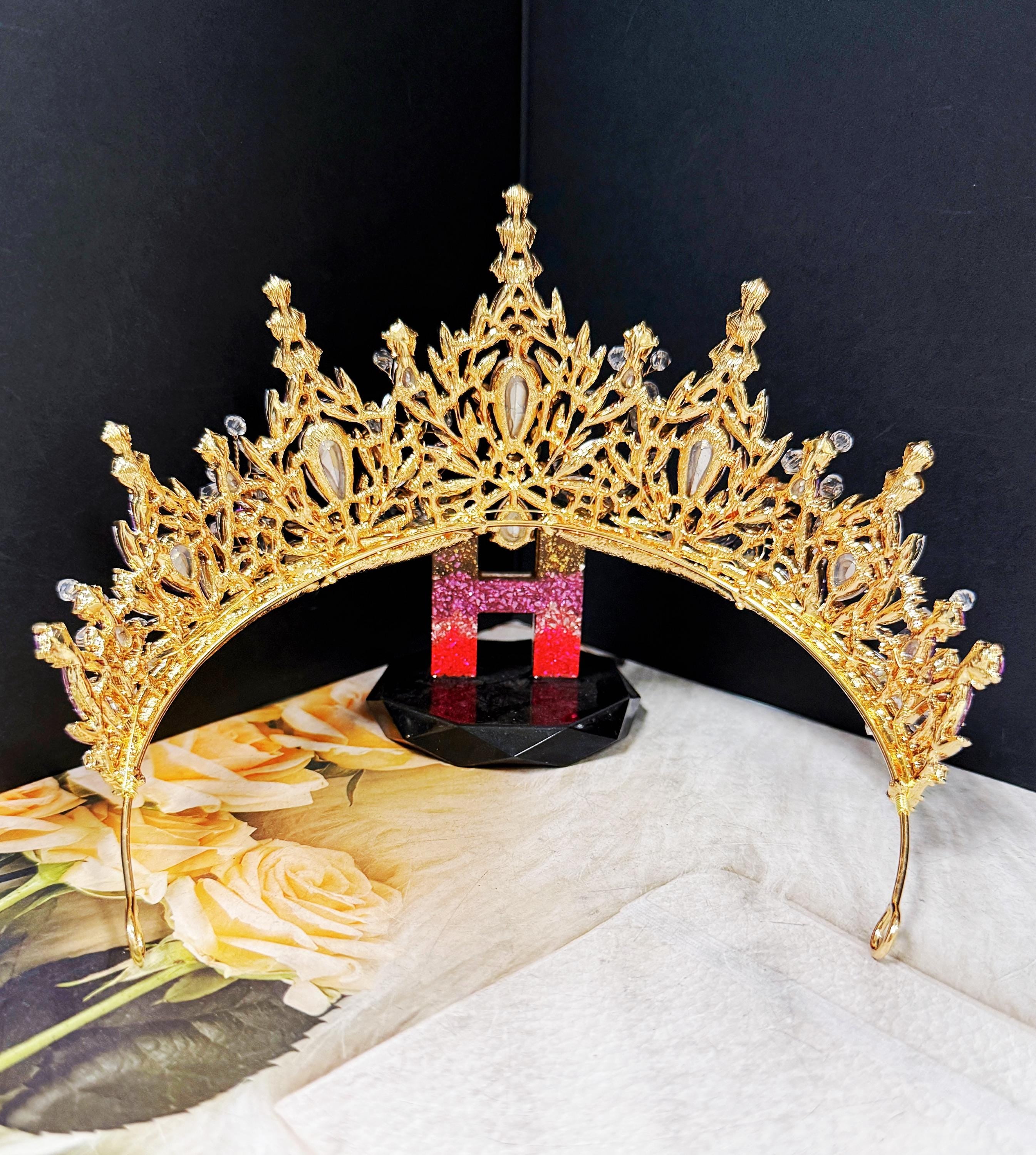 HappyJewelryWorld Purple Crystal Tiara Gold Crown Amethyst