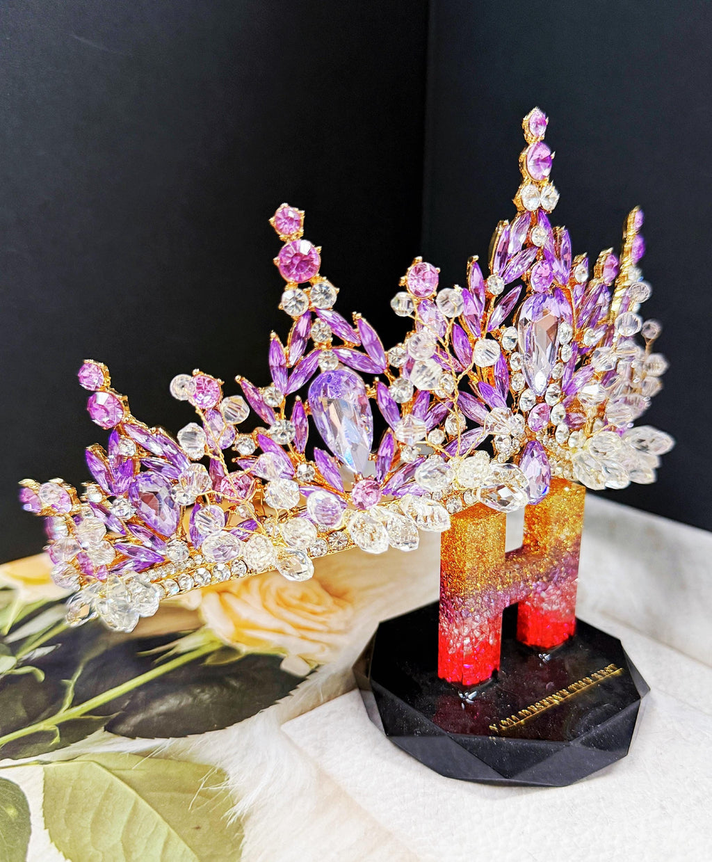 HappyJewelryWorld Purple Crystal Tiara Gold Crown Amethyst