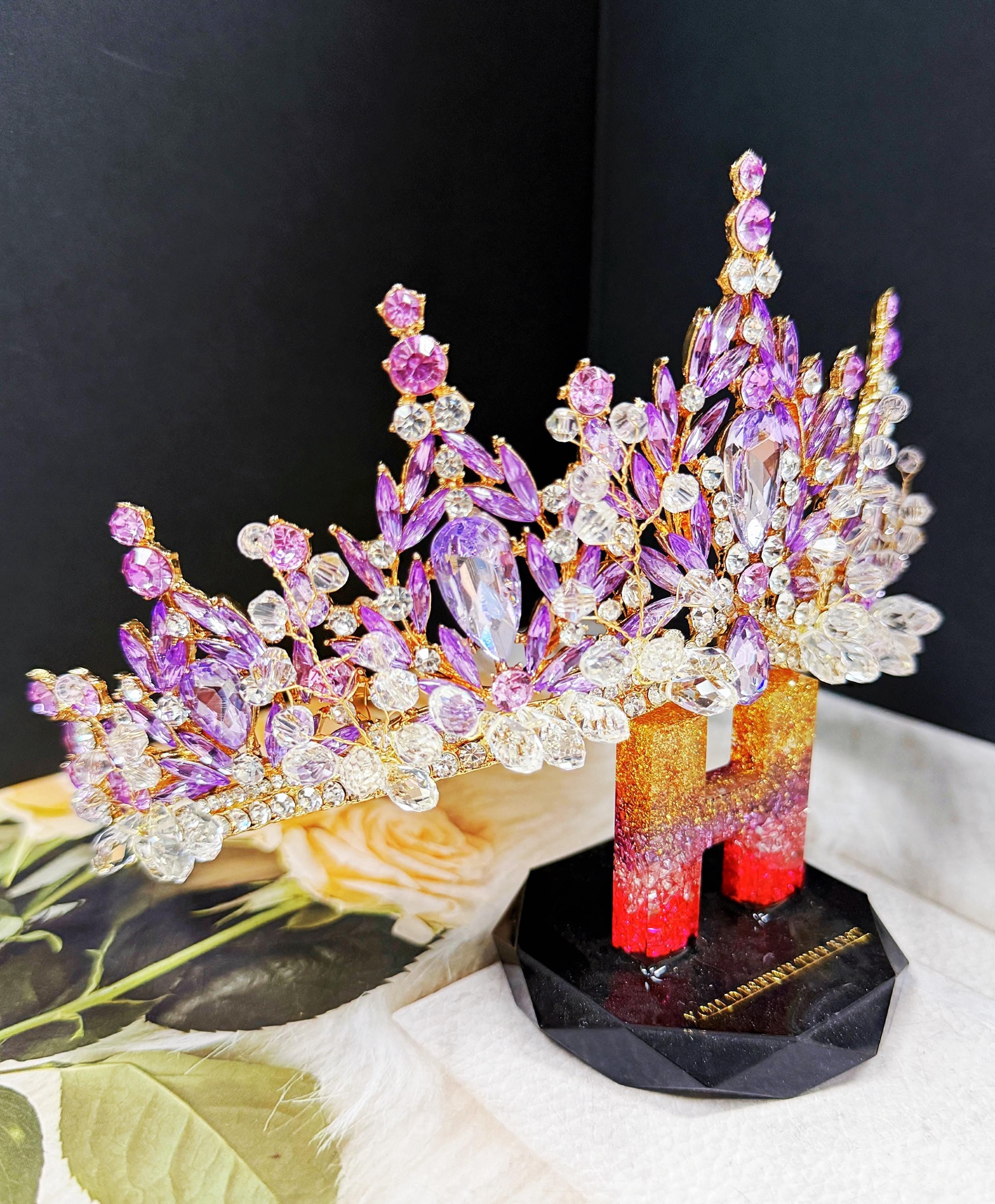 HappyJewelryWorld Purple Crystal Tiara Gold Crown Amethyst