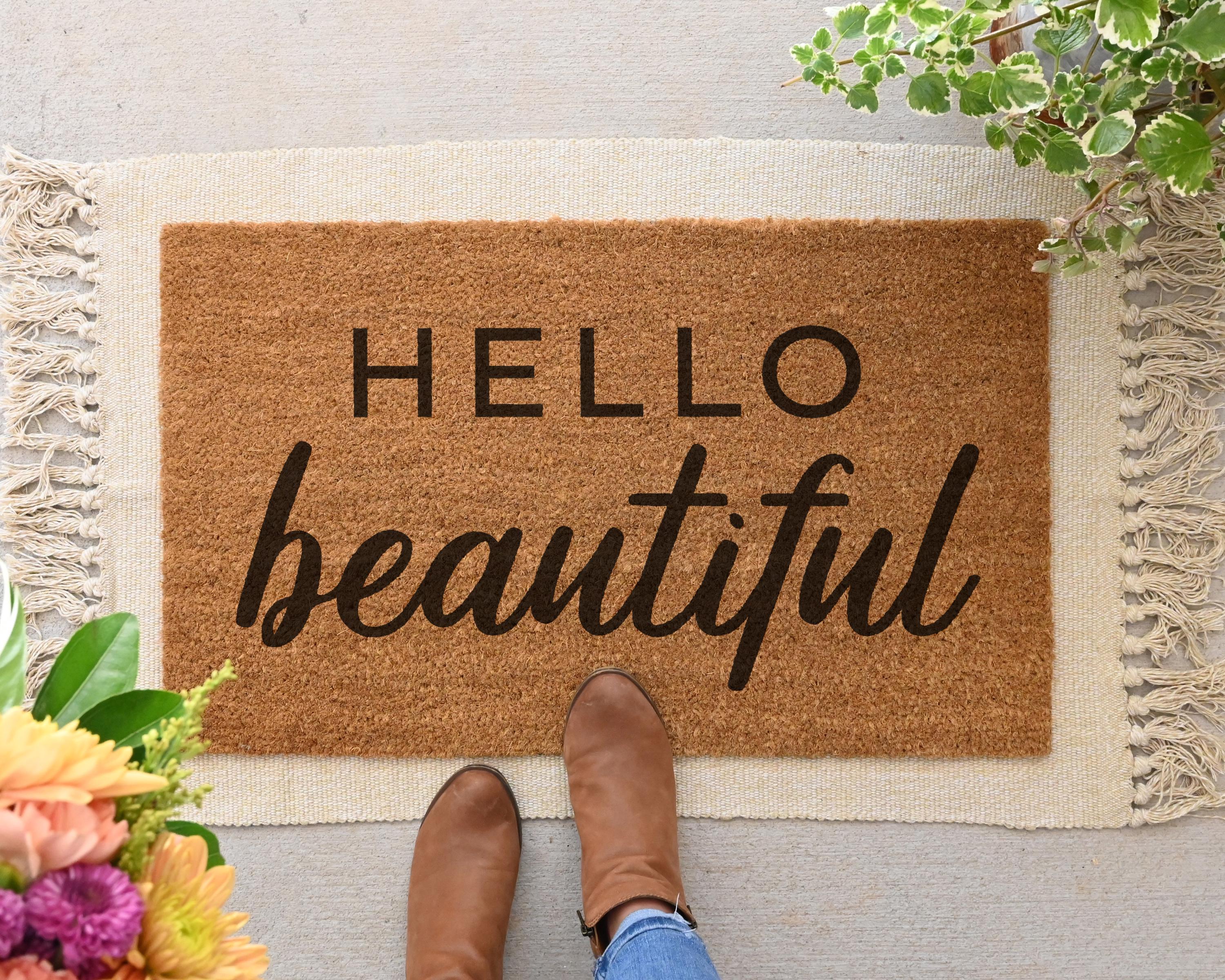 Hello Beautiful Coir Doormat, Cute Welcome Mat for Front Porch