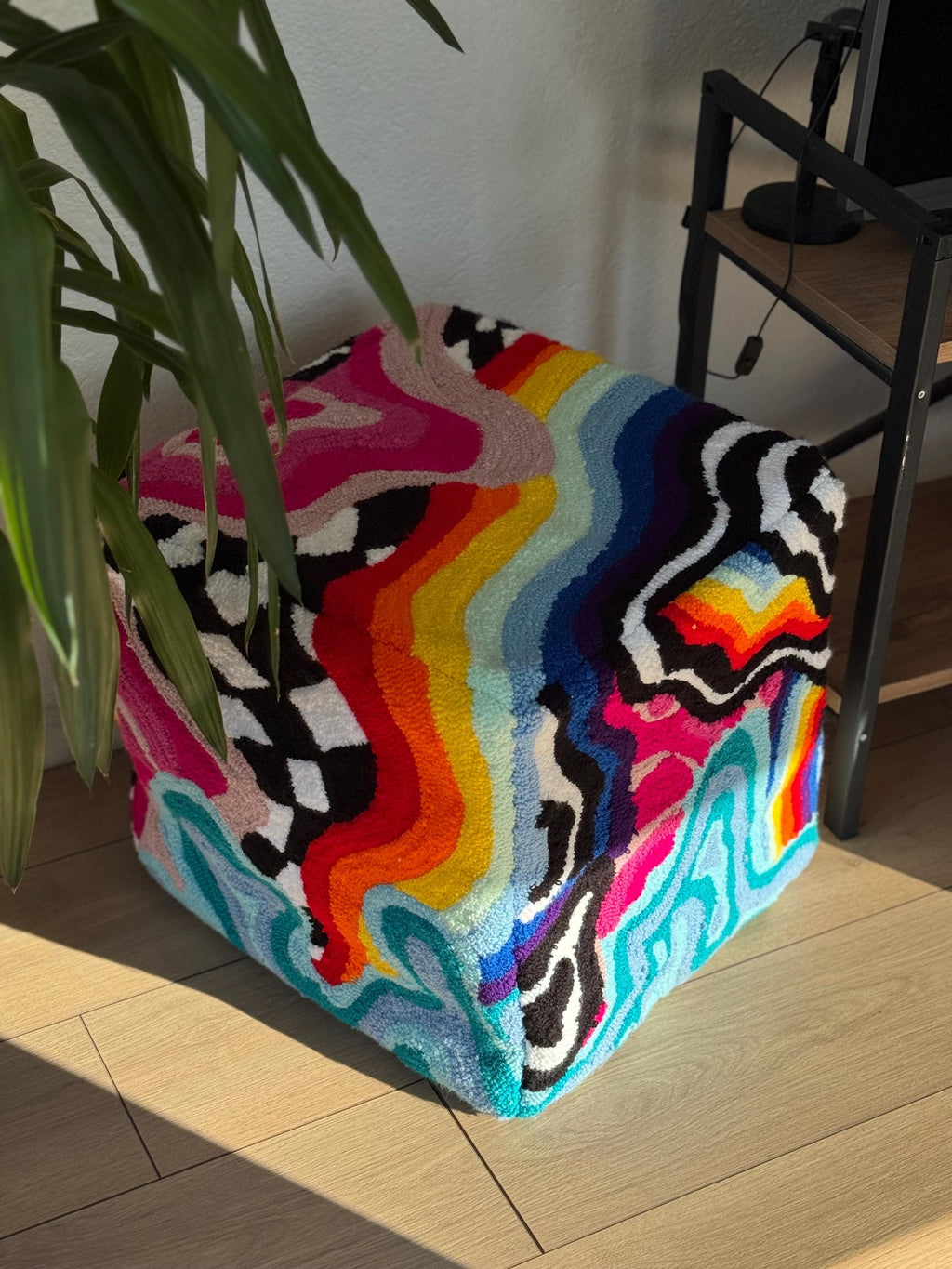 OrnnWorks Rainbow Checkered Psychedelic Tufted Ottoman Pouf Cover