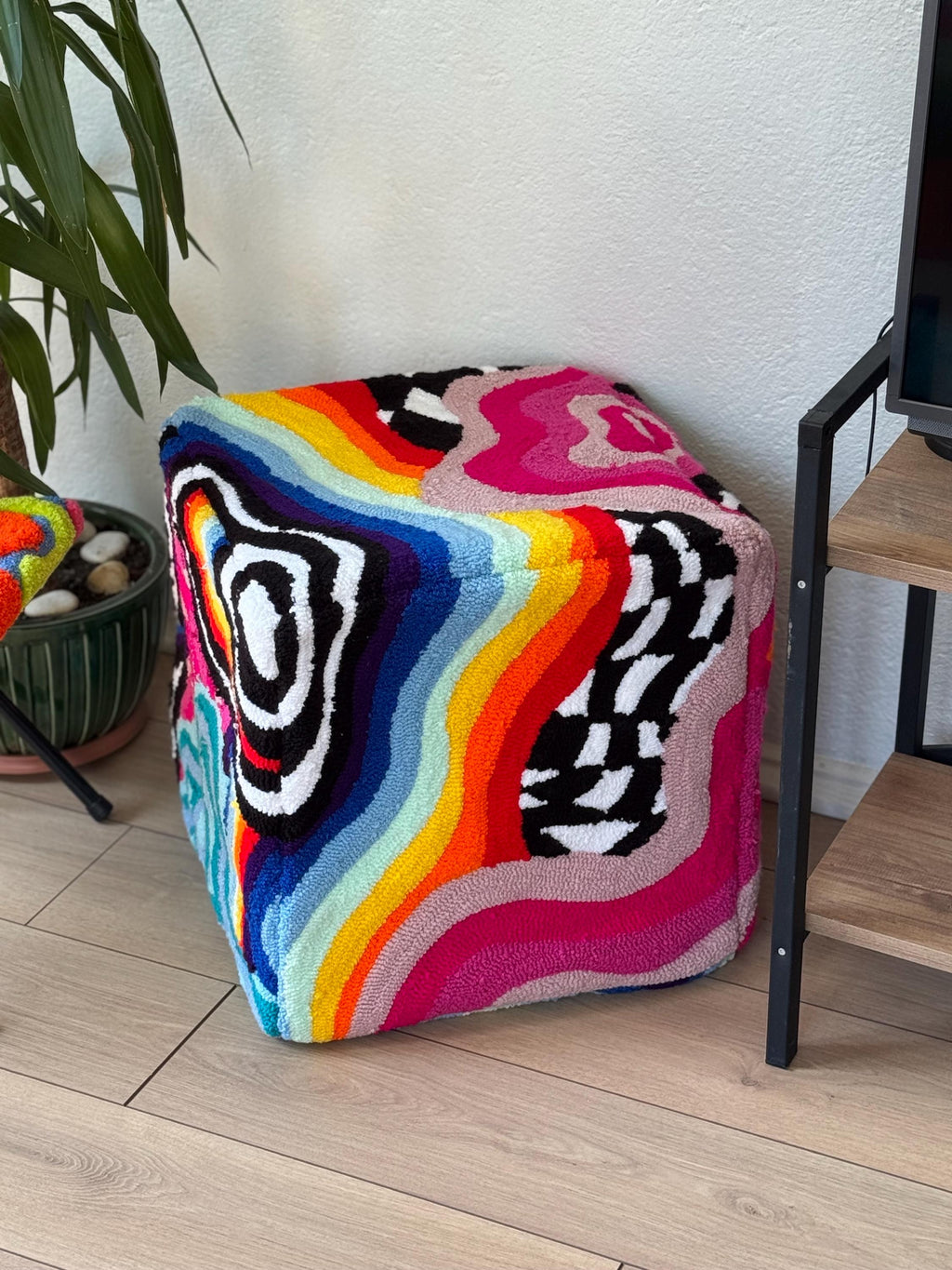 OrnnWorks Rainbow Checkered Psychedelic Tufted Ottoman Pouf Cover