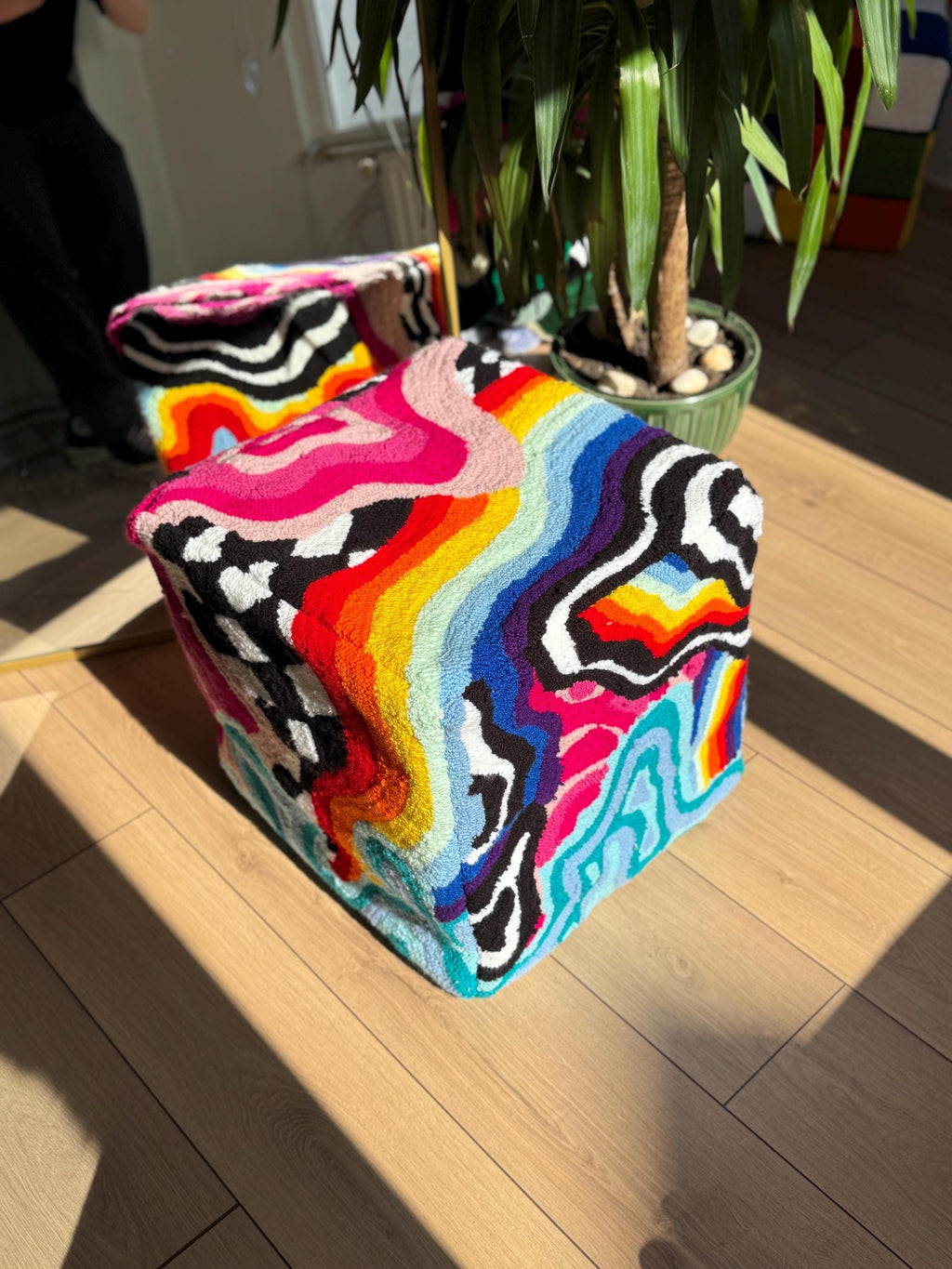 OrnnWorks Rainbow Checkered Psychedelic Tufted Ottoman Pouf Cover