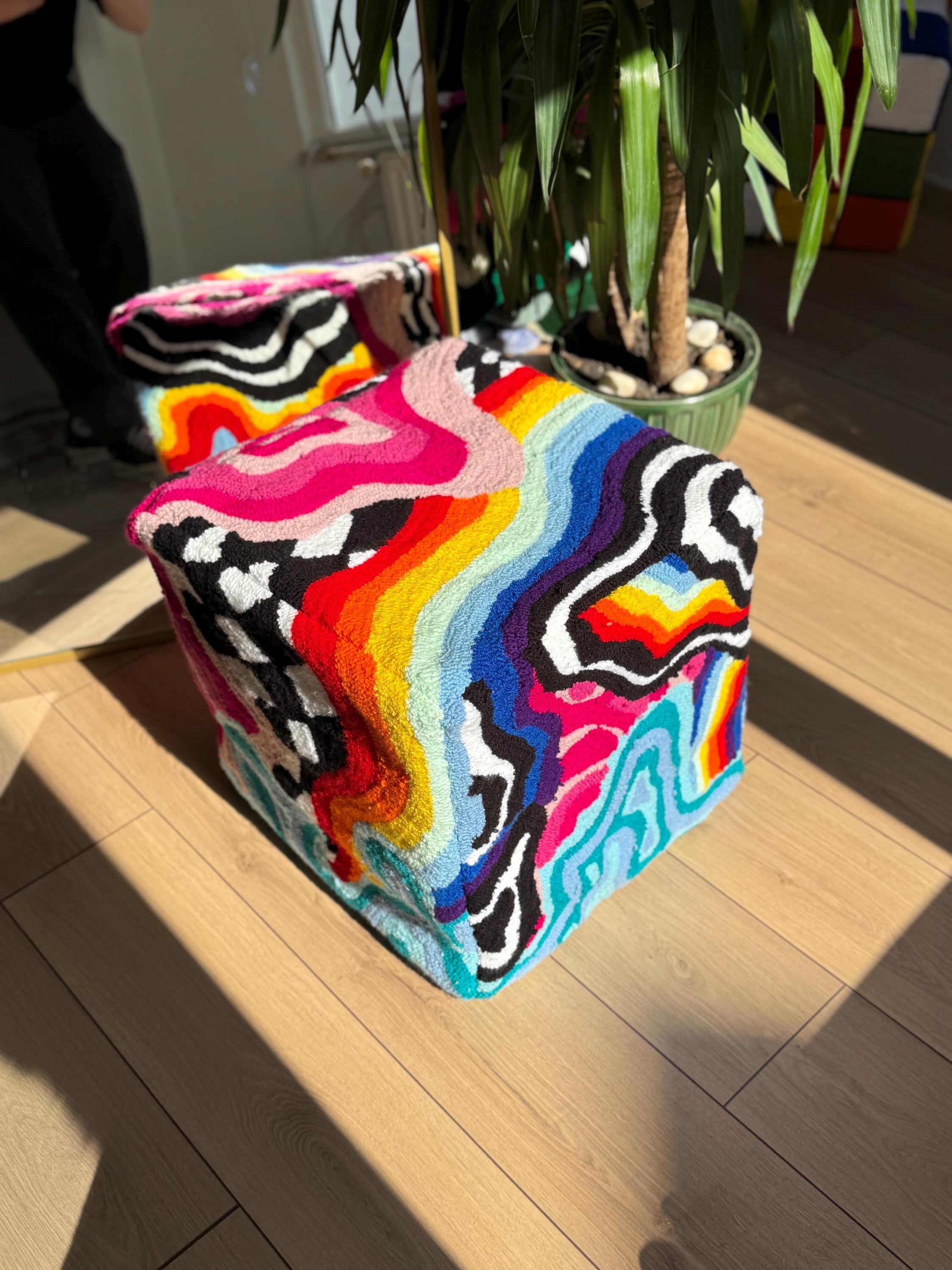 OrnnWorks Rainbow Checkered Psychedelic Tufted Ottoman Pouf Cover