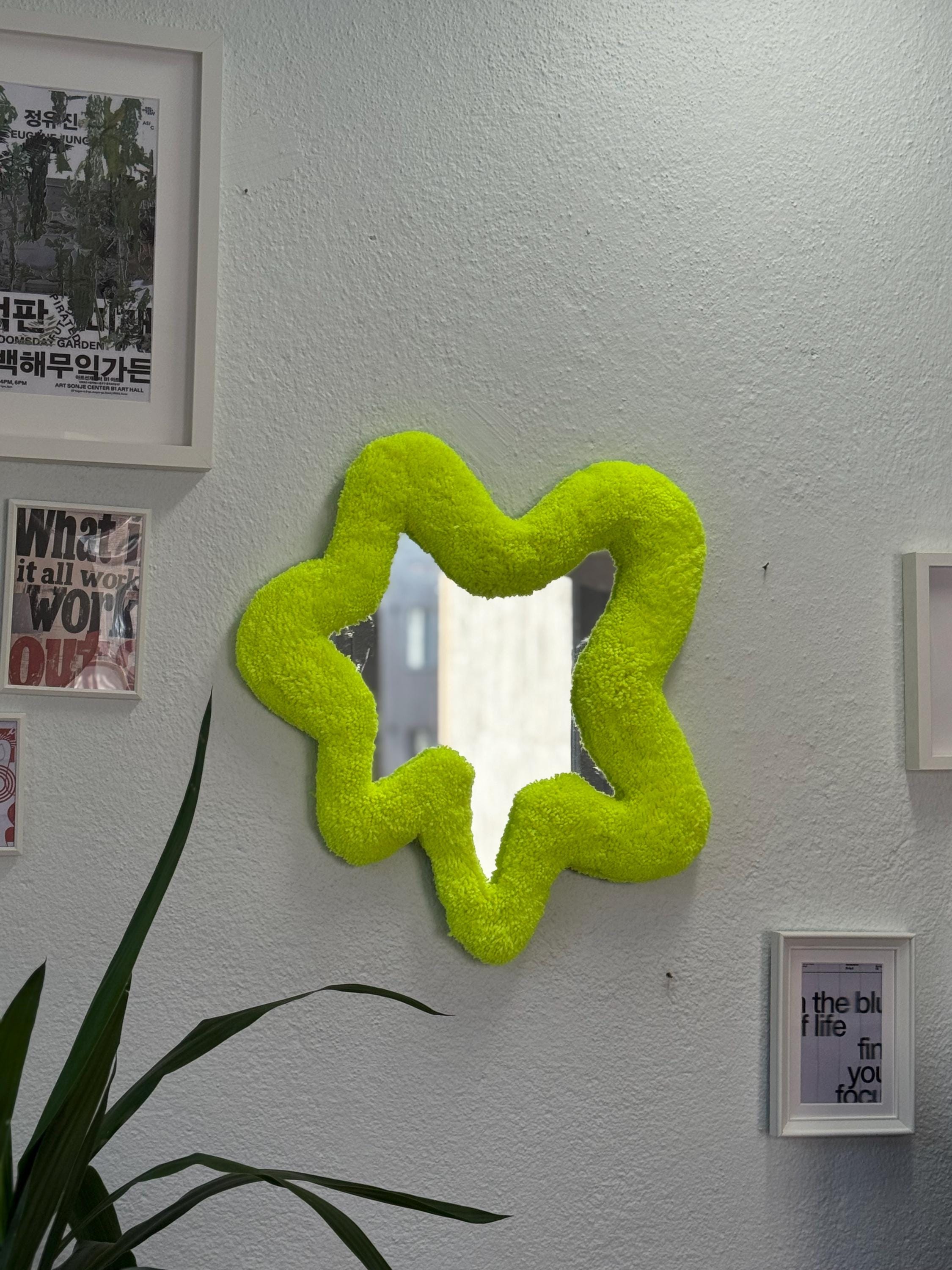 OrnnWorks Abstract Yellow Neon Tufted Mirror Handmade Fluffy Wall Decor 55cm