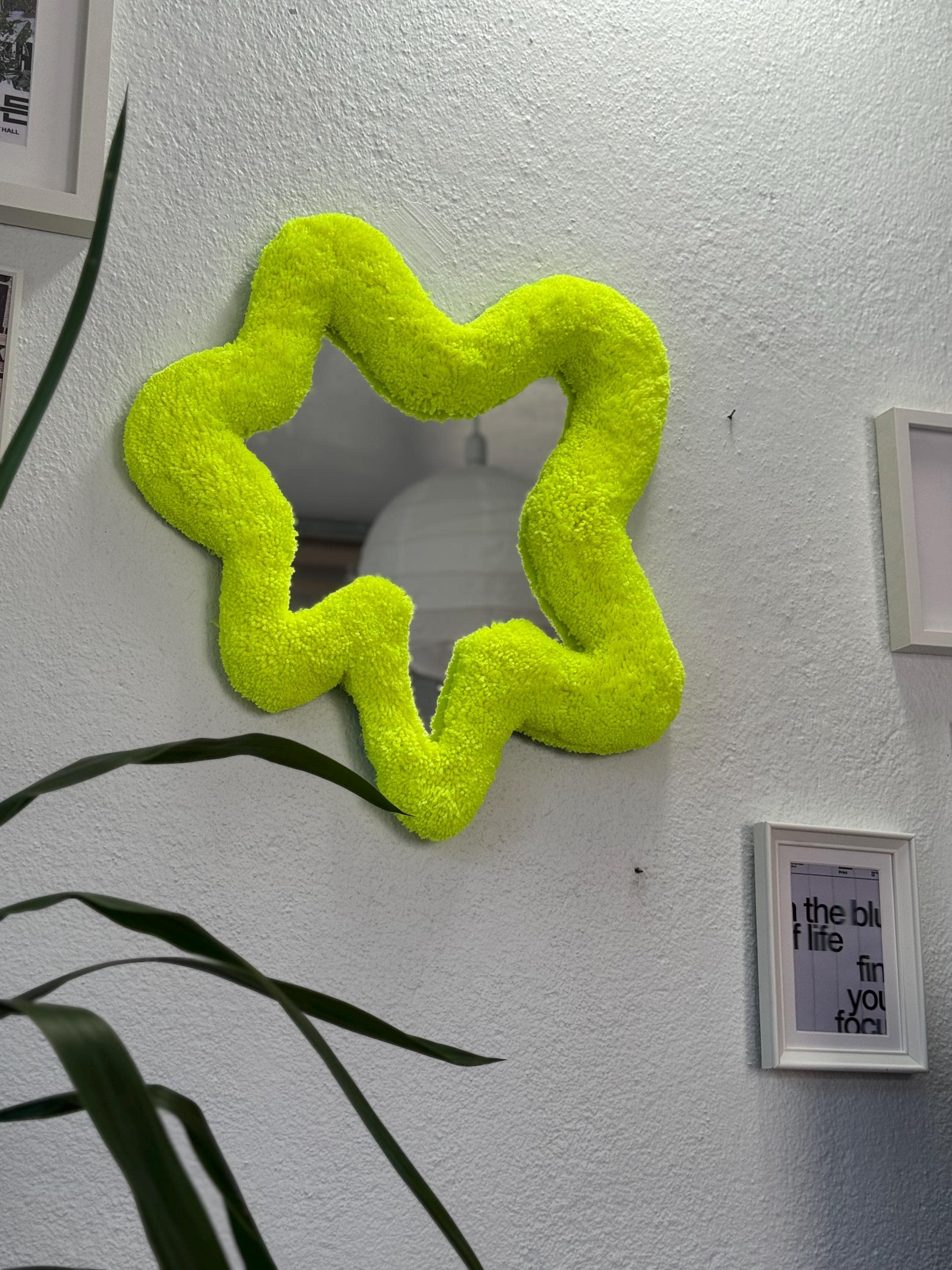 OrnnWorks Abstract Yellow Neon Tufted Mirror Handmade Fluffy Wall Decor 55cm