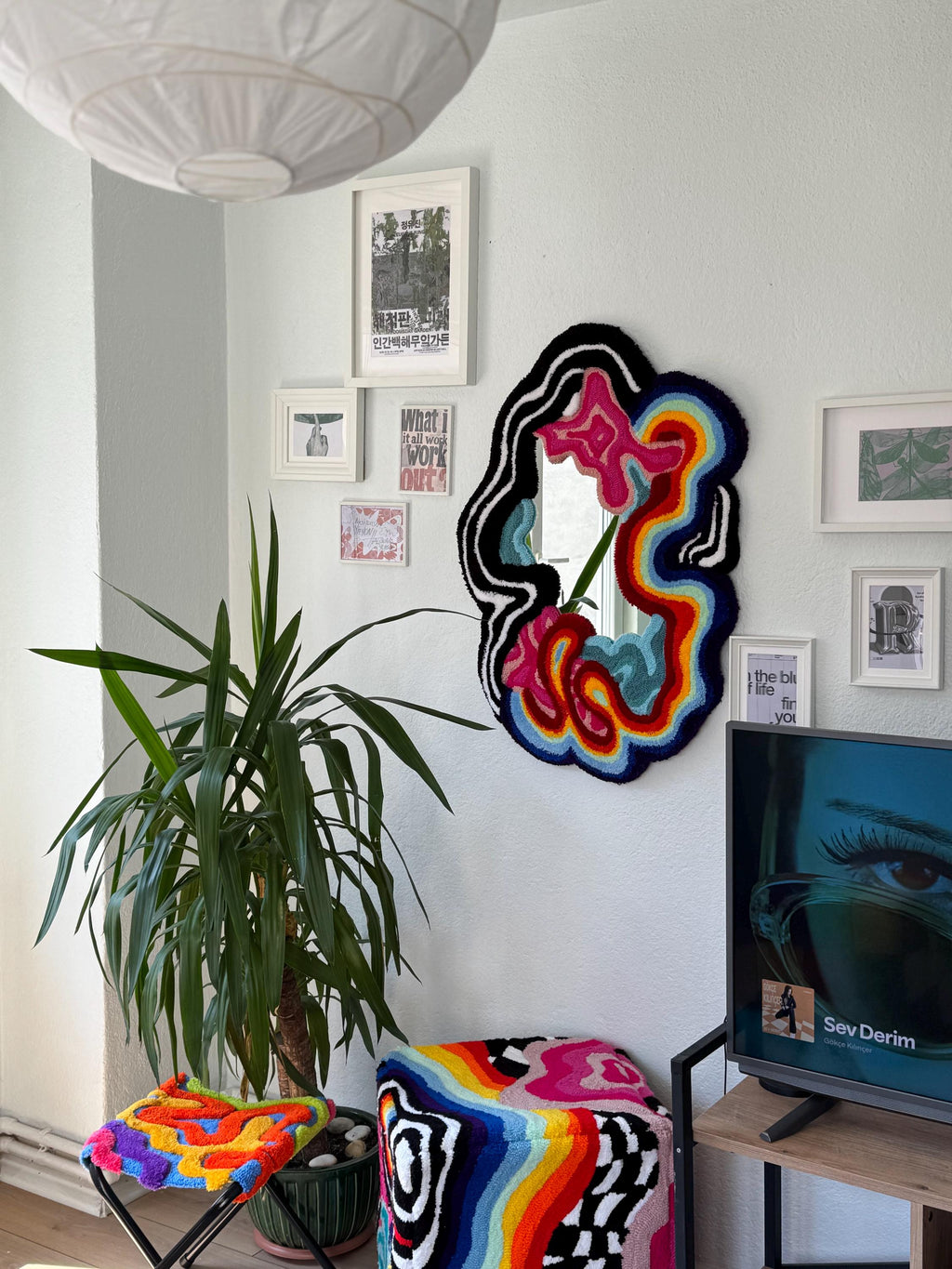 OrnnWorks Chaotic Psychedelic Rainbow Drip Tufted Wall Mirror