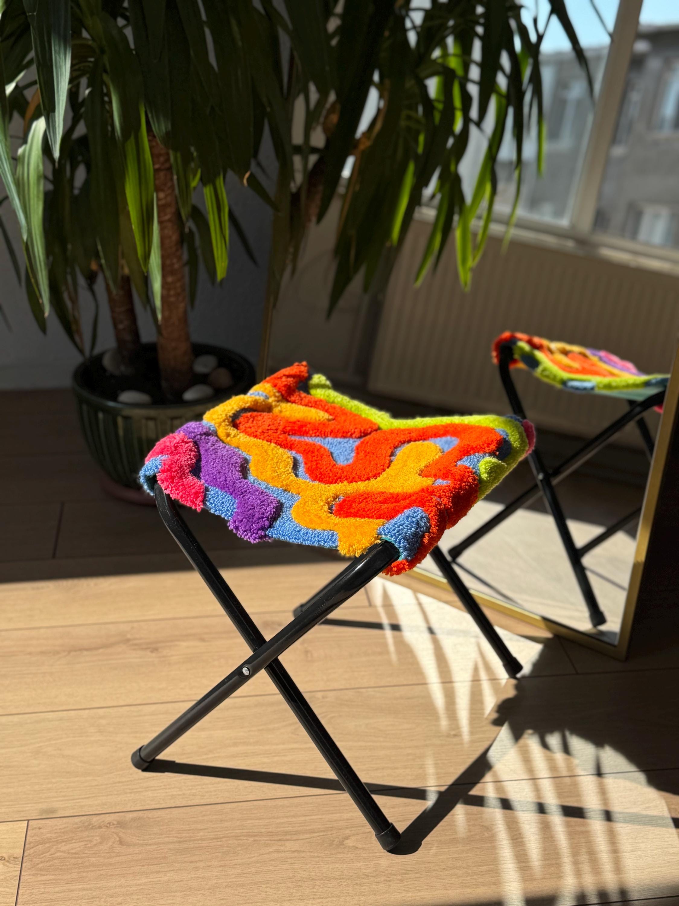OrnnWorks Wavy Colorful 3D Fluffy Tufted Stool 15.8in