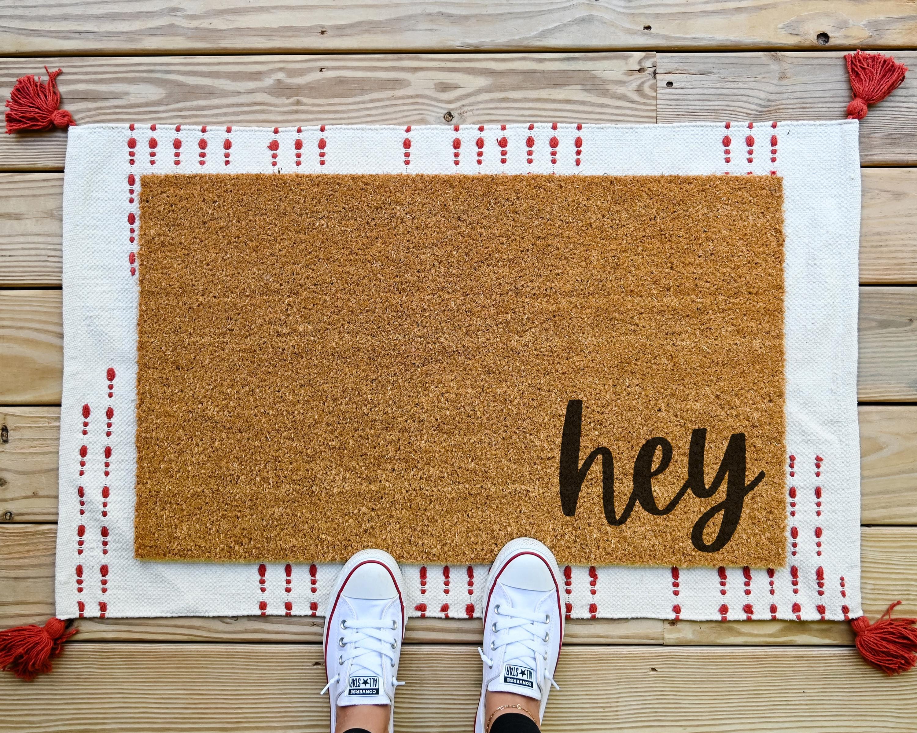 Hey Welcome Doormat: Coir Front Porch Decor