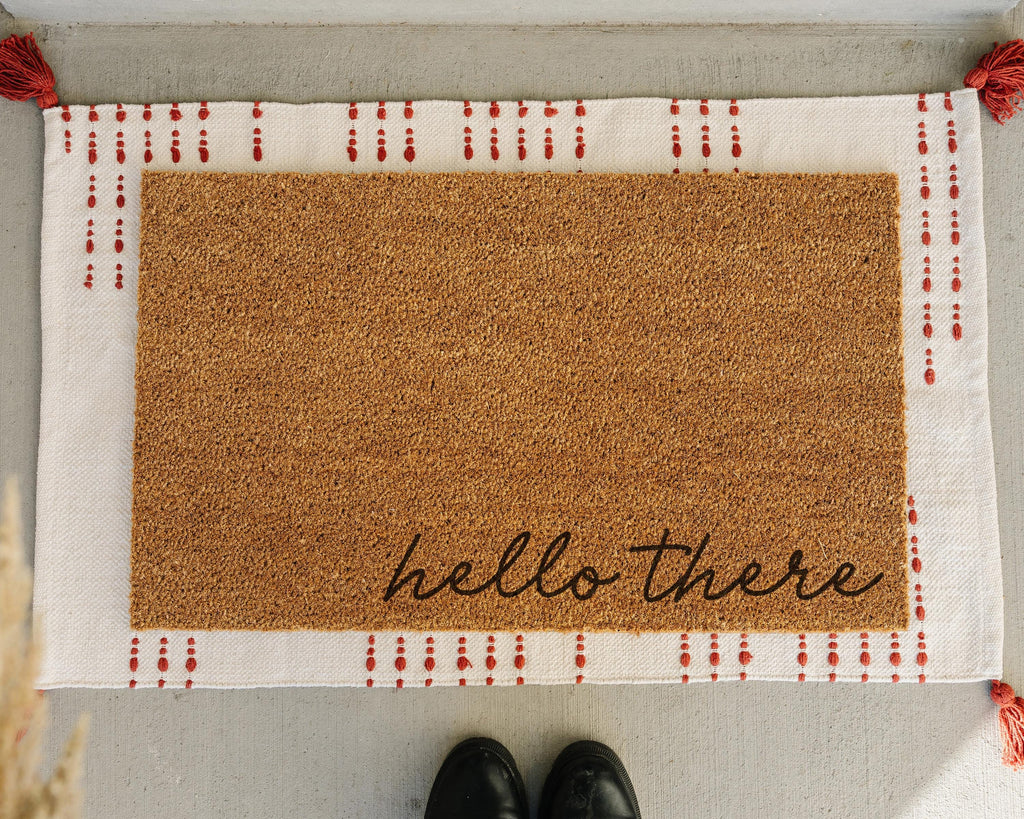 Hello There Natural Coir Doormat with Slip-Resistant Rubber Backing