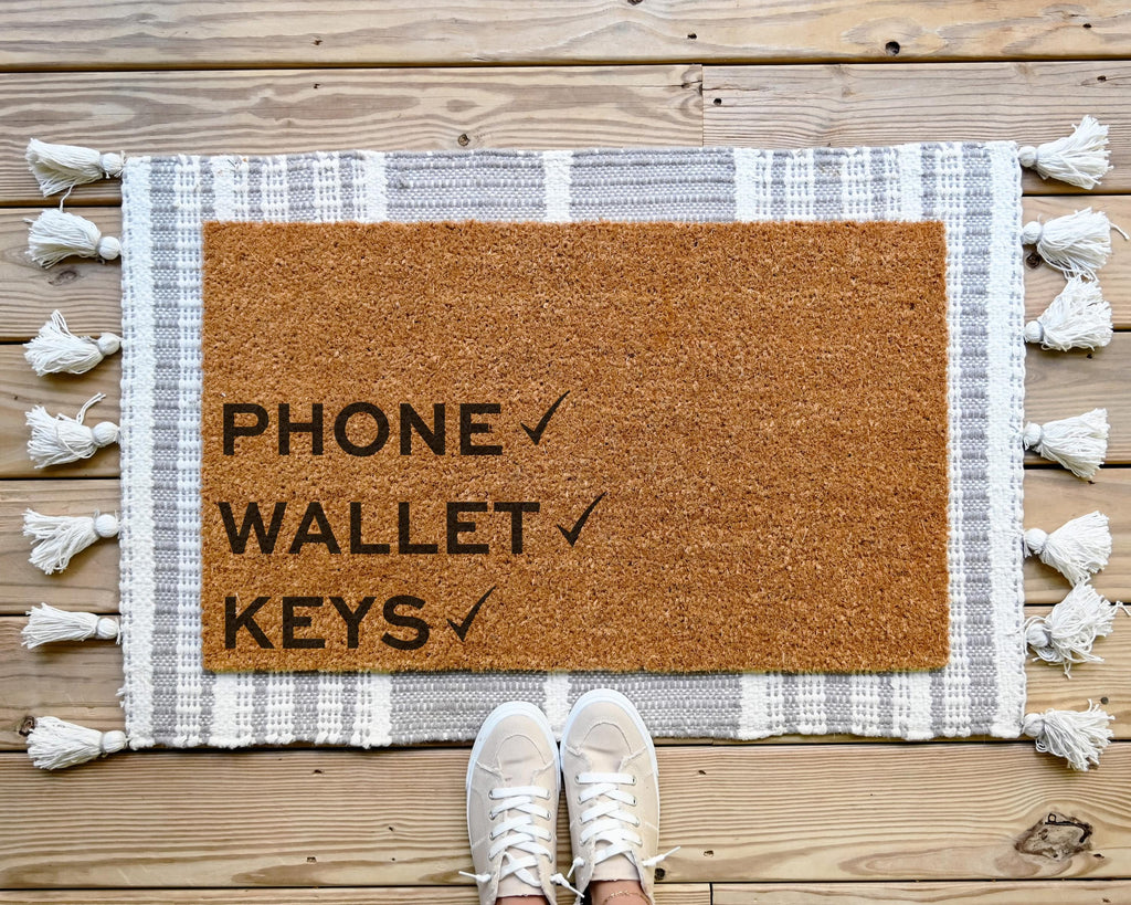 Funny "Phone Wallet Keys" Coir Doormat: Front Porch Decor