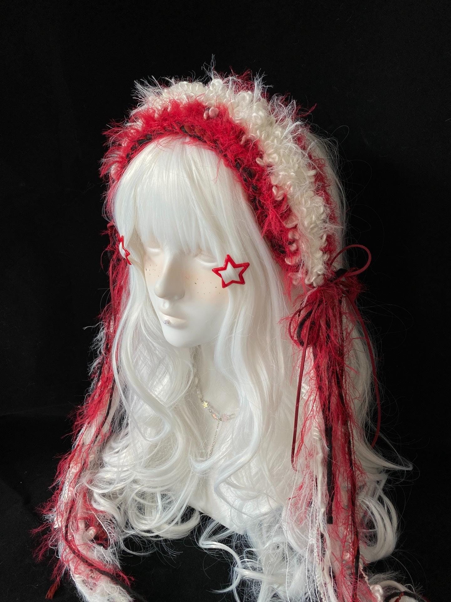 stellarPride Handmade Red Pearl Lolita Headband, Fluffy Lace Headdress