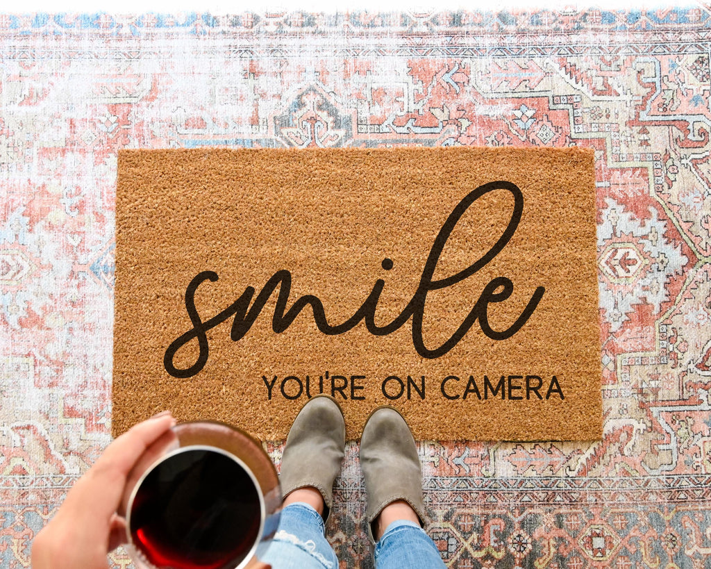 Smile You're On Camera Coir Doormat Funny Welcome Mat