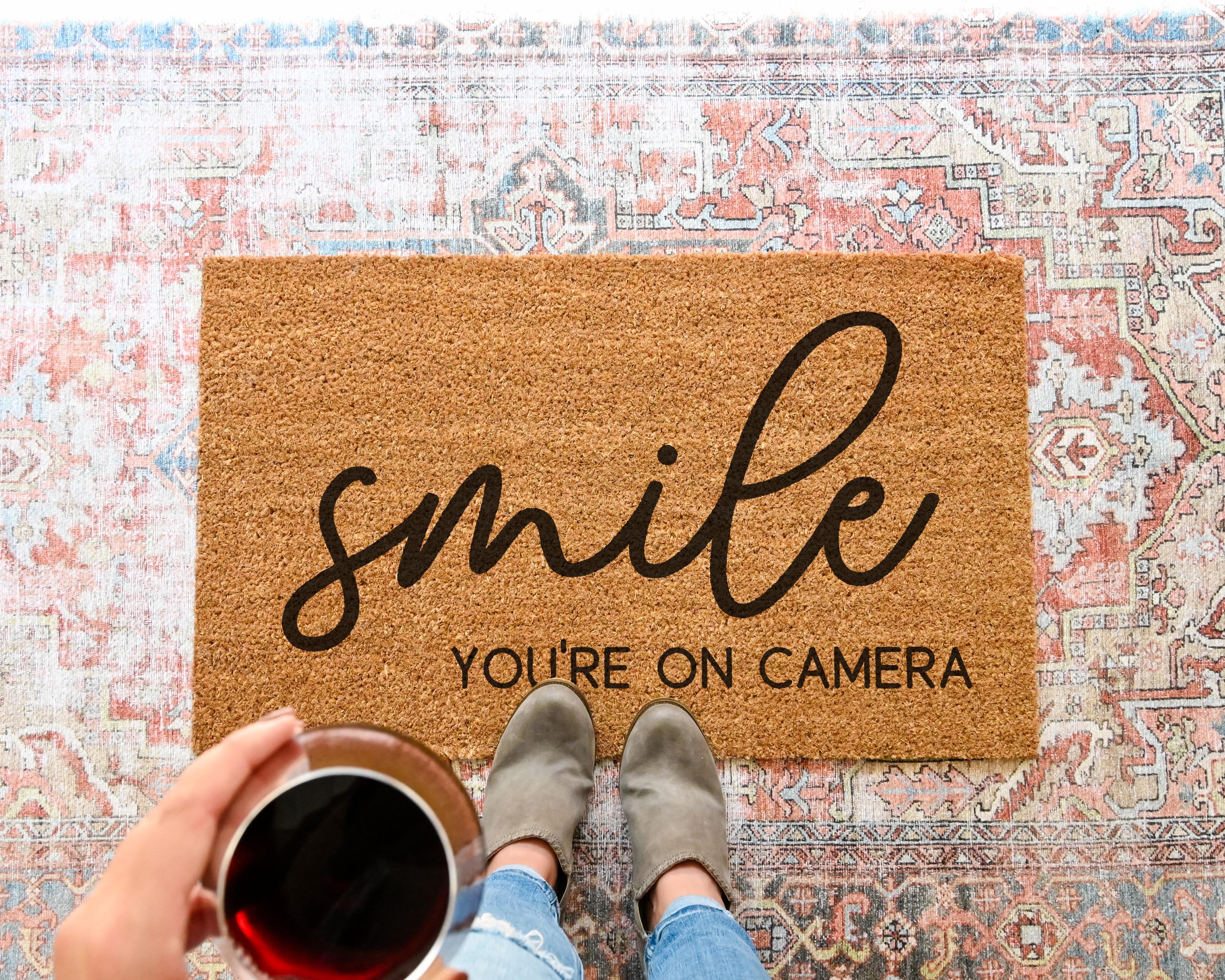 Smile You're On Camera Coir Doormat Funny Welcome Mat