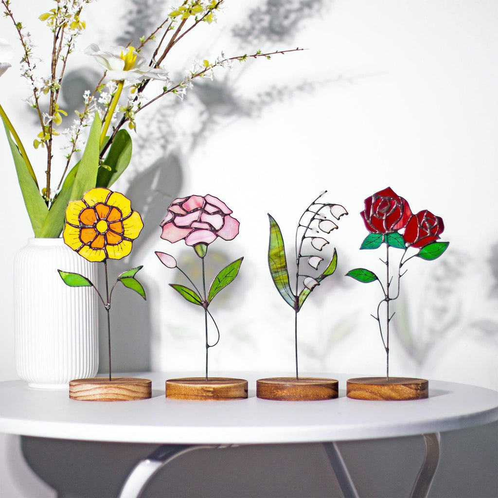 RainLine Custom Birth Flower Stained Glass Suncatcher with Wooden Base