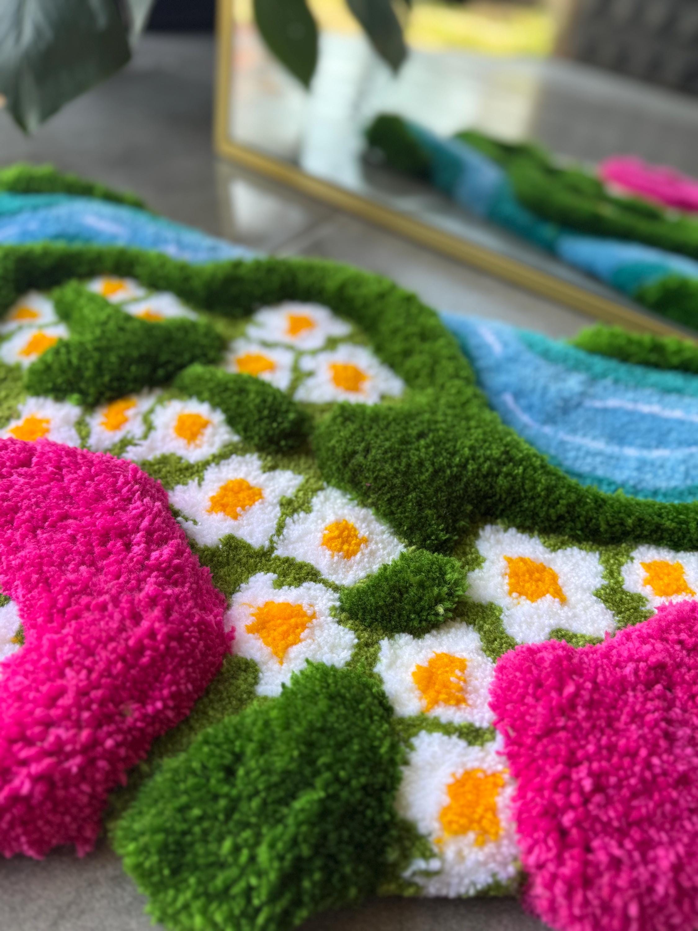 OrnnWorks 3D Daisy in Grass Pink & Green Handmade Tufted Rug